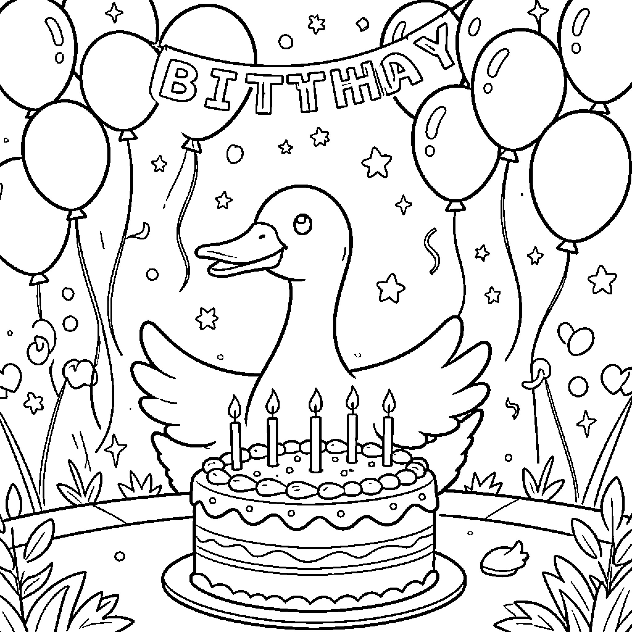 Goose celebrating a birthday with cake and balloons Coloring Page (free black-and-white line drawing printable PDF for all, from beginners to advanced learners, including children, teens, adults, and seniors)