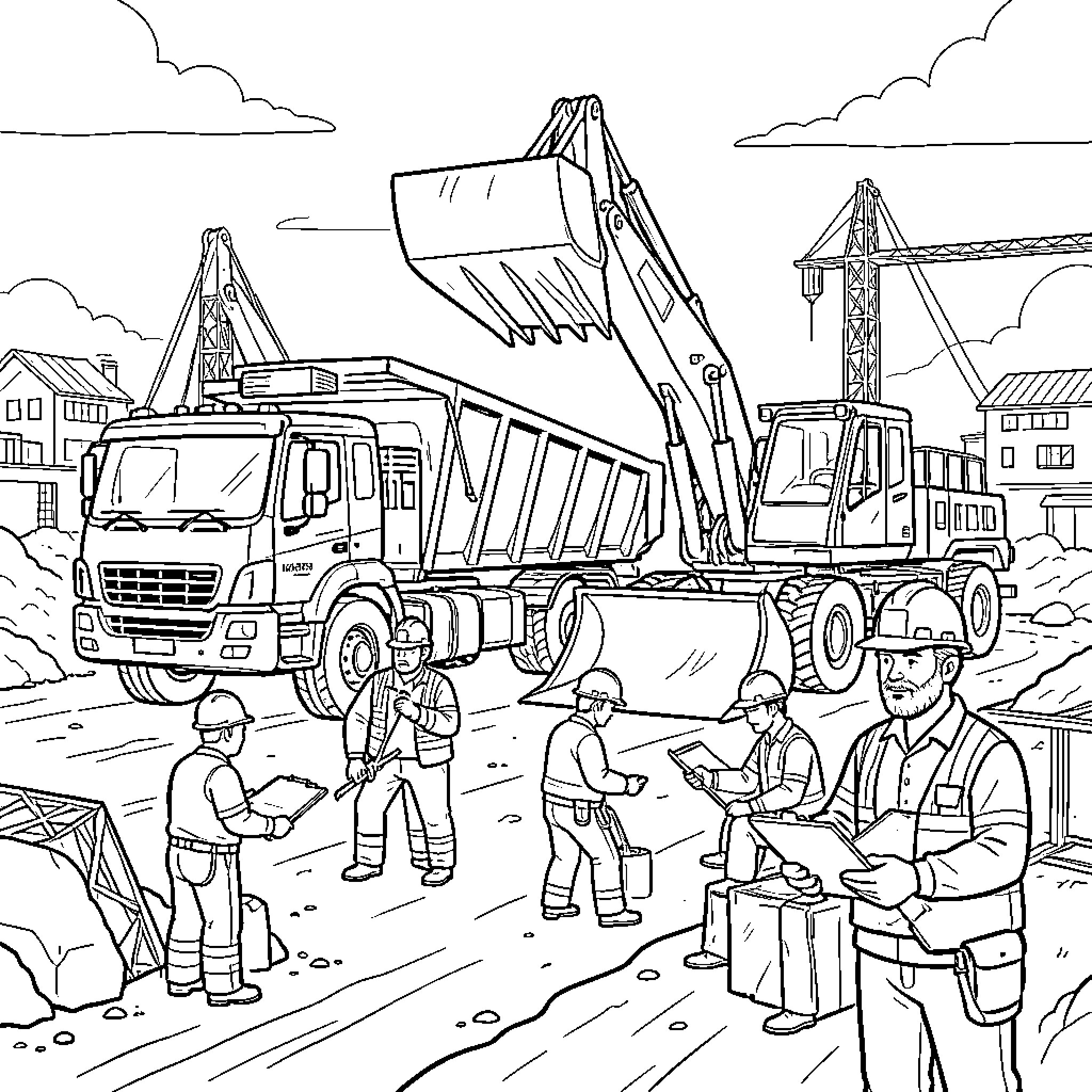 Camion and excavator working at a busy construction site Coloring Page (free black-and-white line drawing printable PDF for all, from beginners to advanced learners, including children, teens, adults, and seniors)