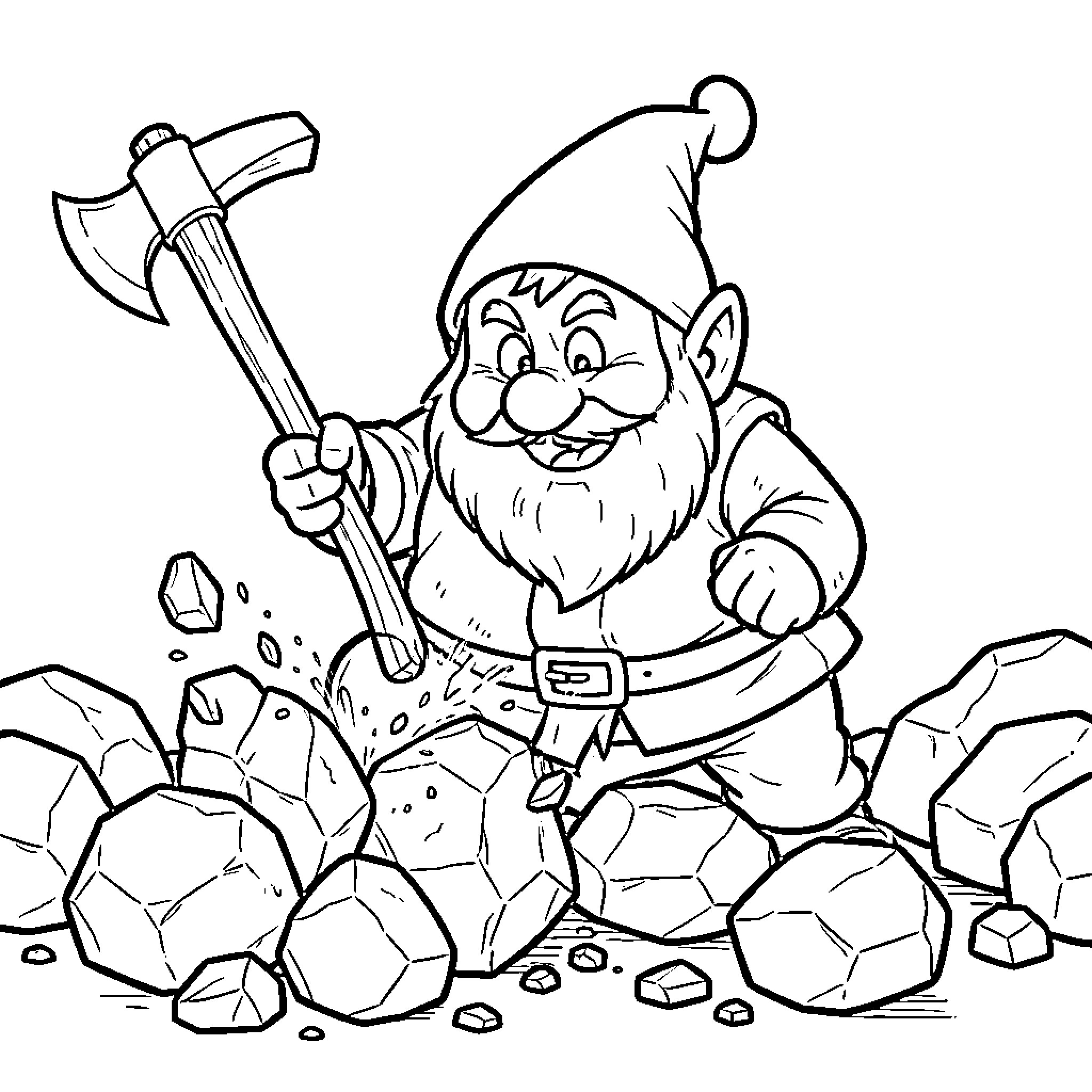 Grinch character mining rocks with an axe Coloring Page (free black-and-white line drawing printable PDF for all, from beginners to advanced learners, including children, teens, adults, and seniors)