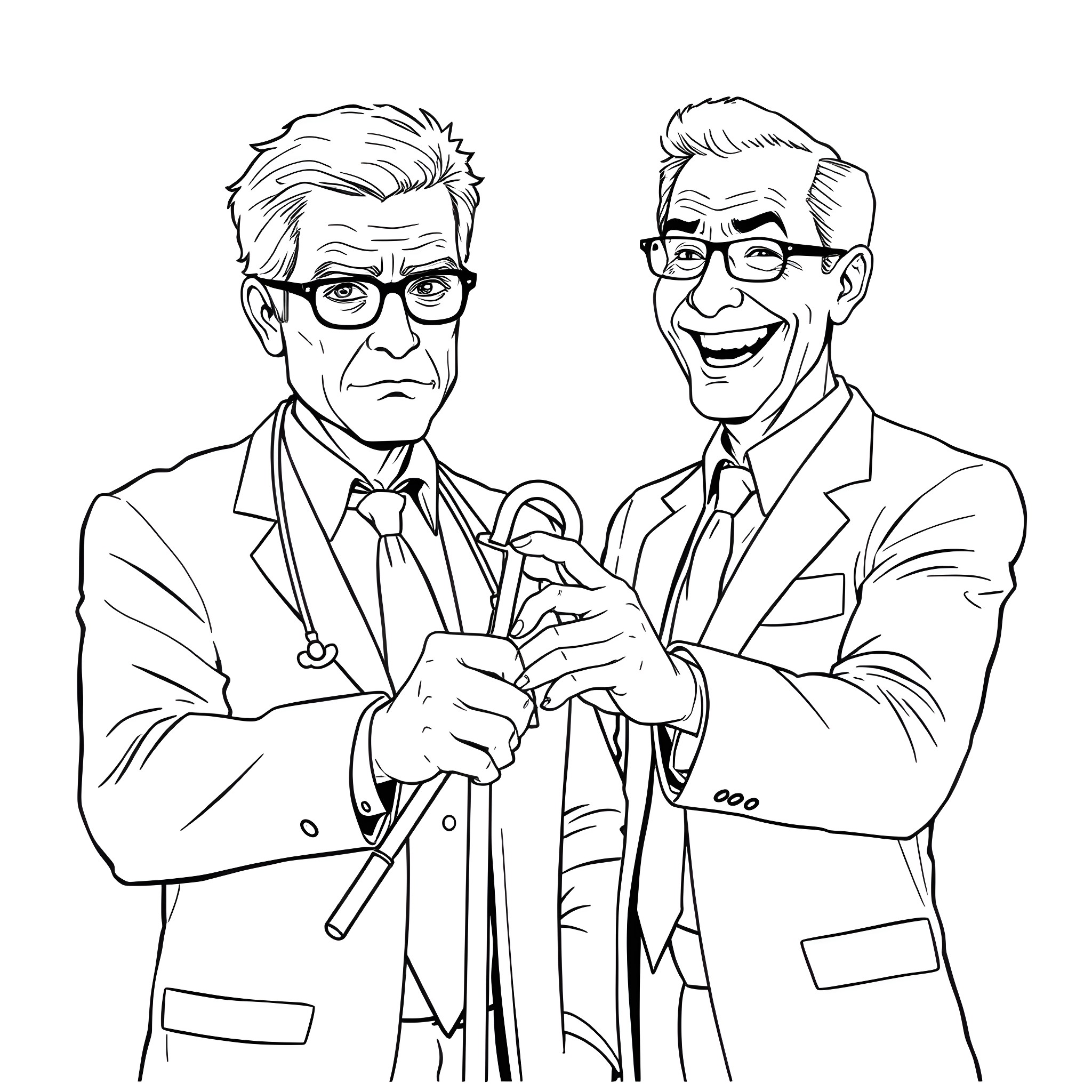 Dr. Gregory House and Colleague in Professional Discussion Coloring Page (free black-and-white line drawing printable PDF for all, from beginners to advanced learners, including children, teens, adults, and seniors)