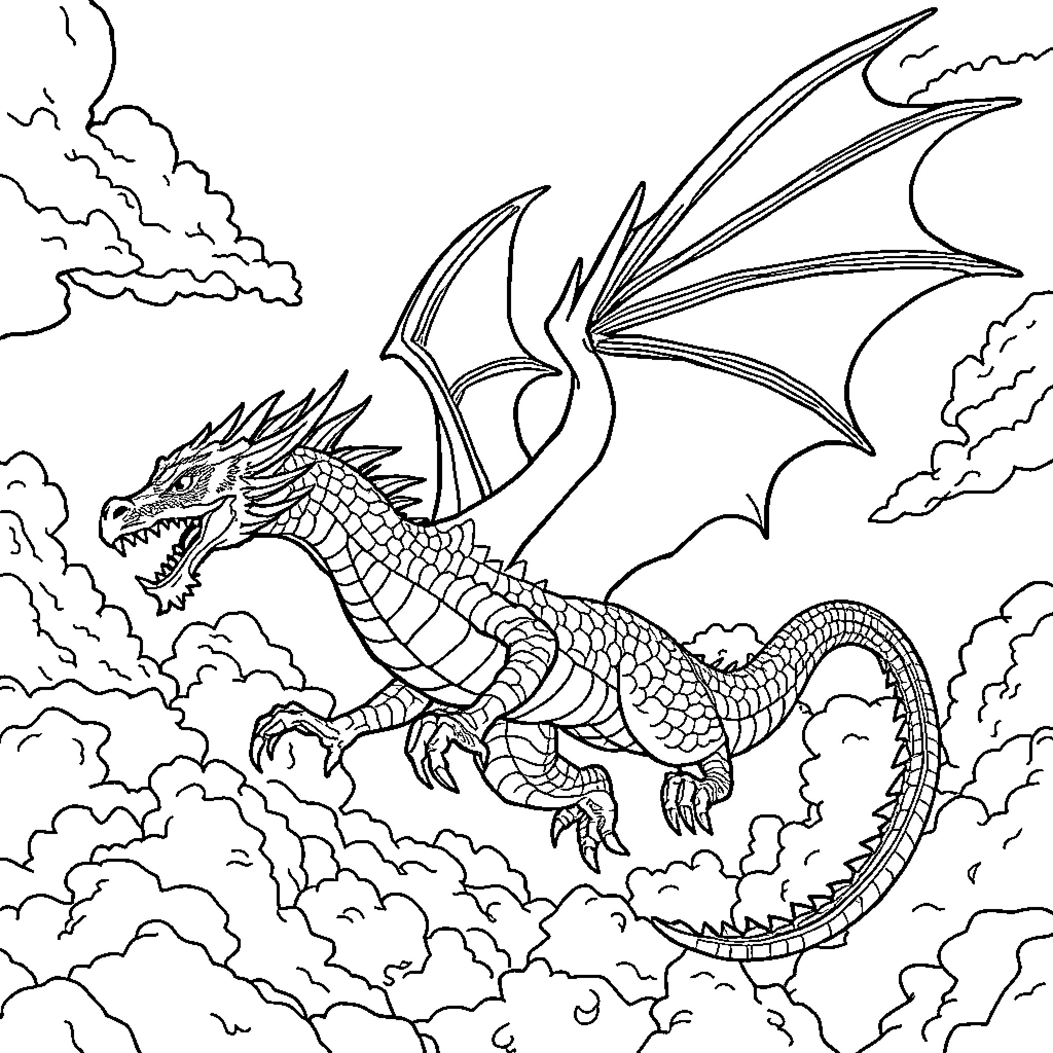 Dragon soaring through the cloudy sky Coloring Page (free black-and-white line drawing printable PDF for all, from beginners to advanced learners, including children, teens, adults, and seniors)