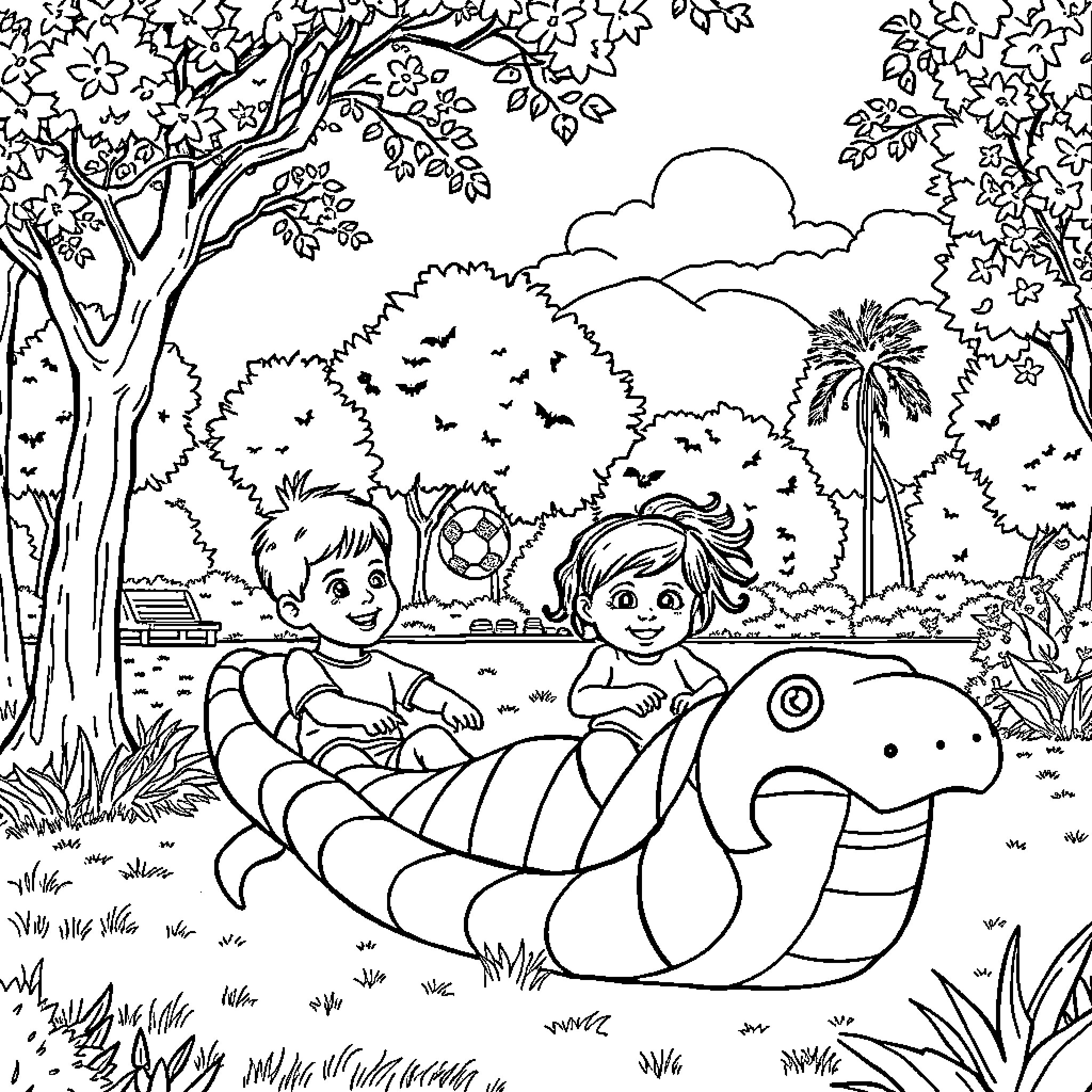 Niños jugando alegremente en un paisaje natural Coloring Page (free black-and-white line drawing printable PDF for all, from beginners to advanced learners, including children, teens, adults, and seniors)