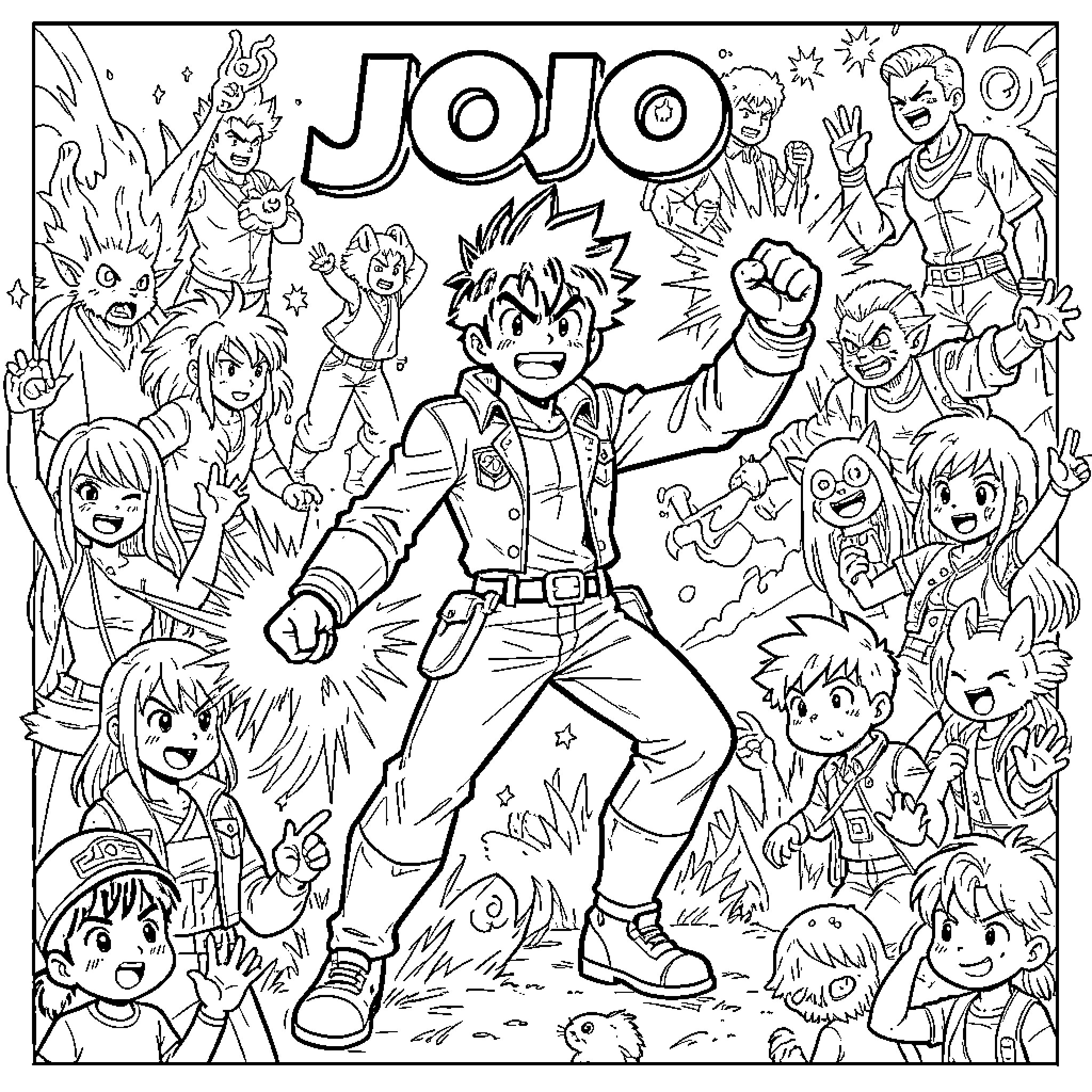 Jojo and many cheerful characters posing together Coloring Page (free black-and-white line drawing printable PDF for all, from beginners to advanced learners, including children, teens, adults, and seniors)