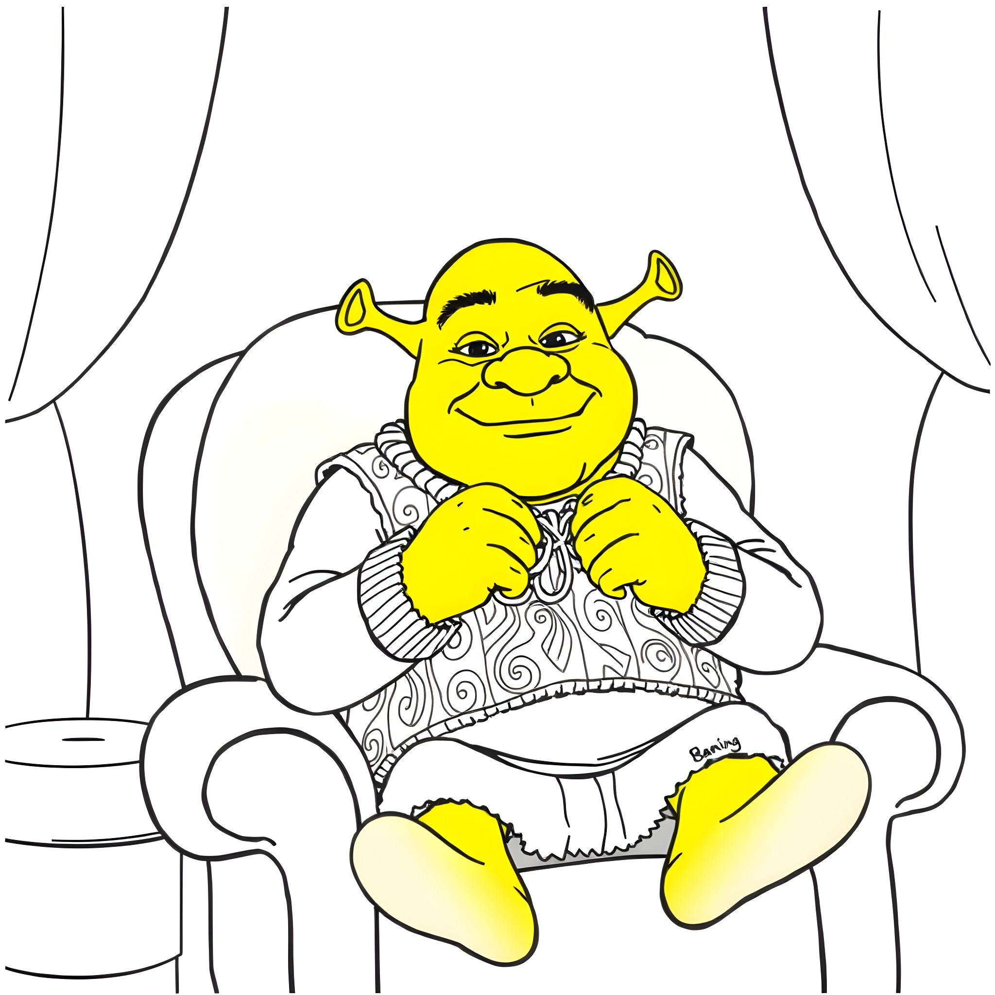 Shrek cheerfully relaxing in his chair Coloring Page (free black-and-white line drawing printable PDF for all, from beginners to advanced learners, including children, teens, adults, and seniors)