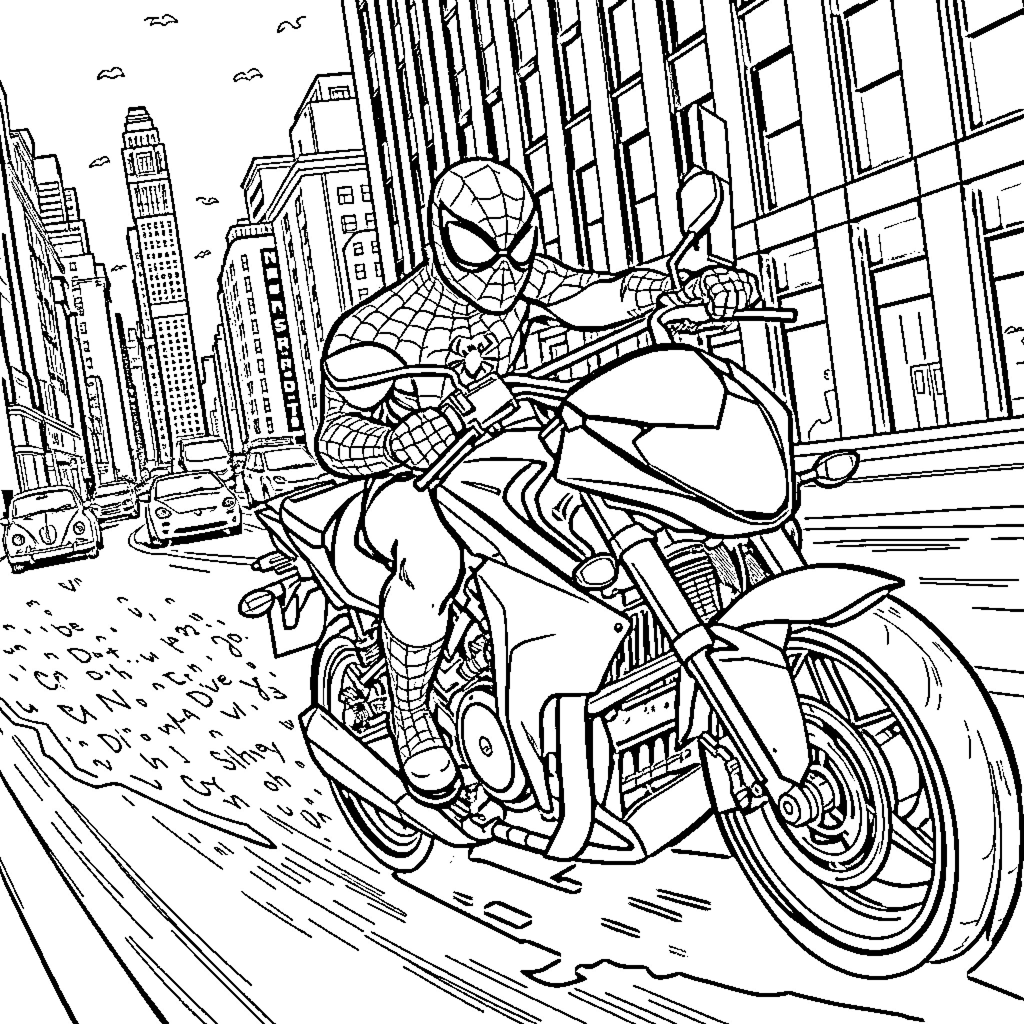 Spiderman speeding through the city on a motorcycle Coloring Page (free black-and-white line drawing printable PDF for all, from beginners to advanced learners, including children, teens, adults, and seniors)