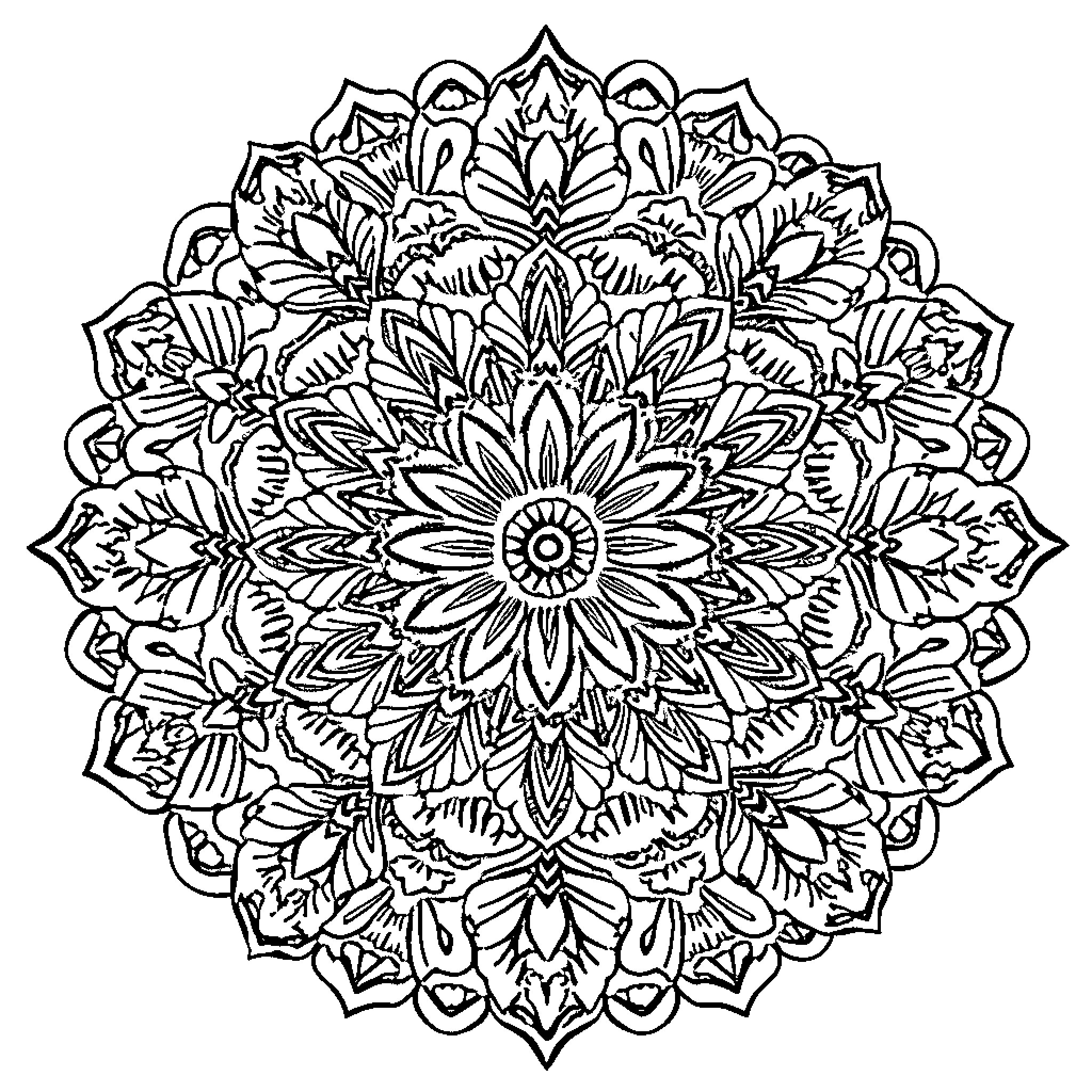 Flower Mandala with Intricate Symmetrical Design Coloring Page (free black-and-white line drawing printable PDF for all, from beginners to advanced learners, including children, teens, adults, and seniors)