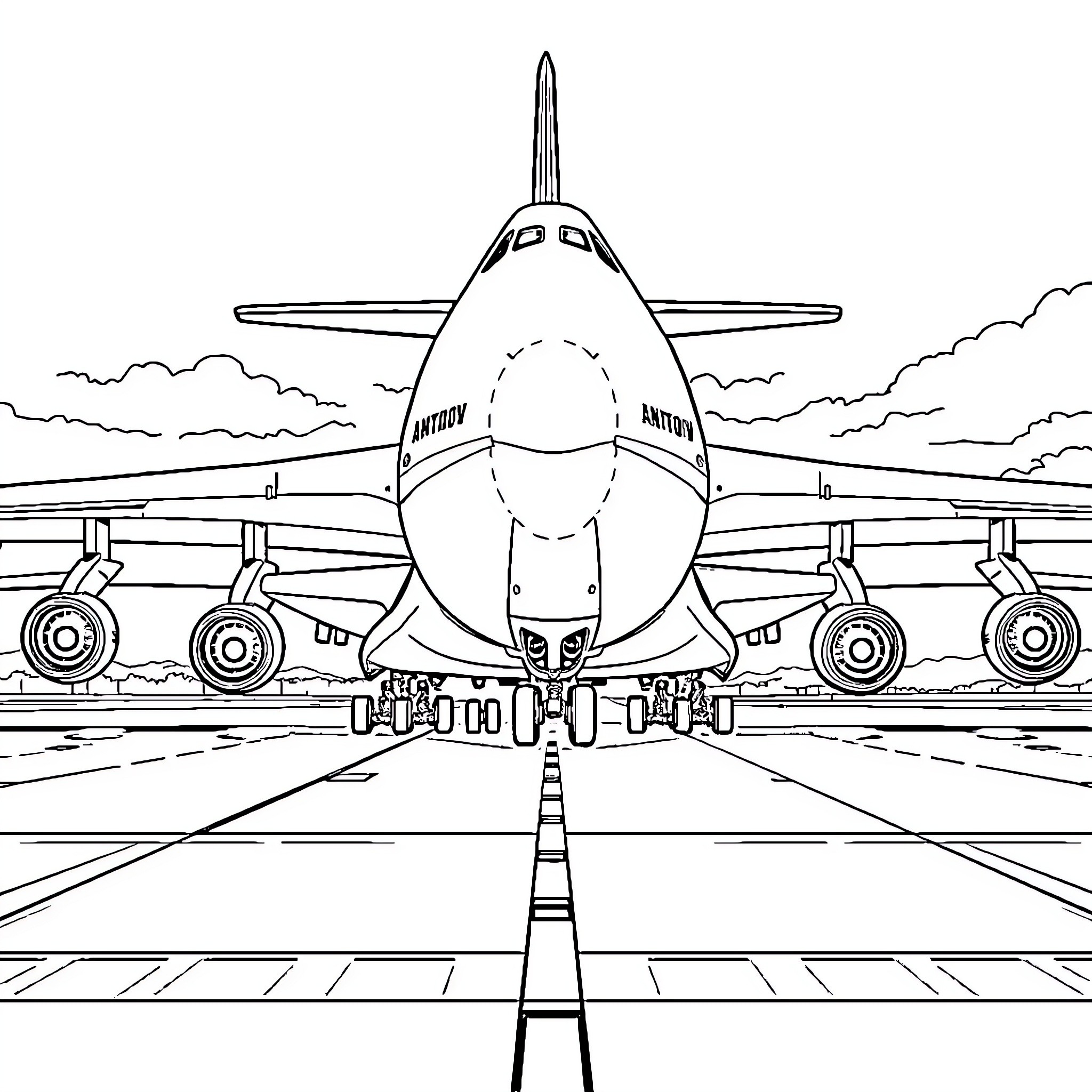 Antonov aircraft on the airport runway Coloring Page (free black-and-white line drawing printable PDF for all, from beginners to advanced learners, including children, teens, adults, and seniors)