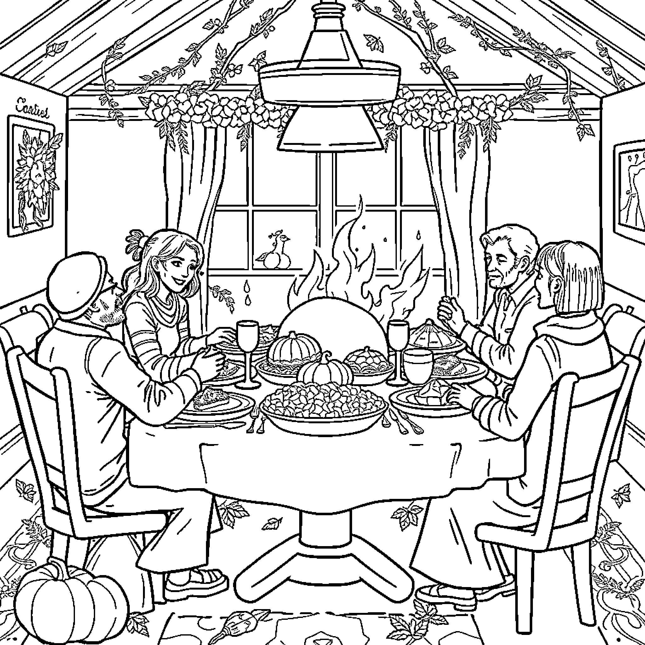 Thanksgiving family gathering around the table Coloring Page (free black-and-white line drawing printable PDF for all, from beginners to advanced learners, including children, teens, adults, and seniors)
