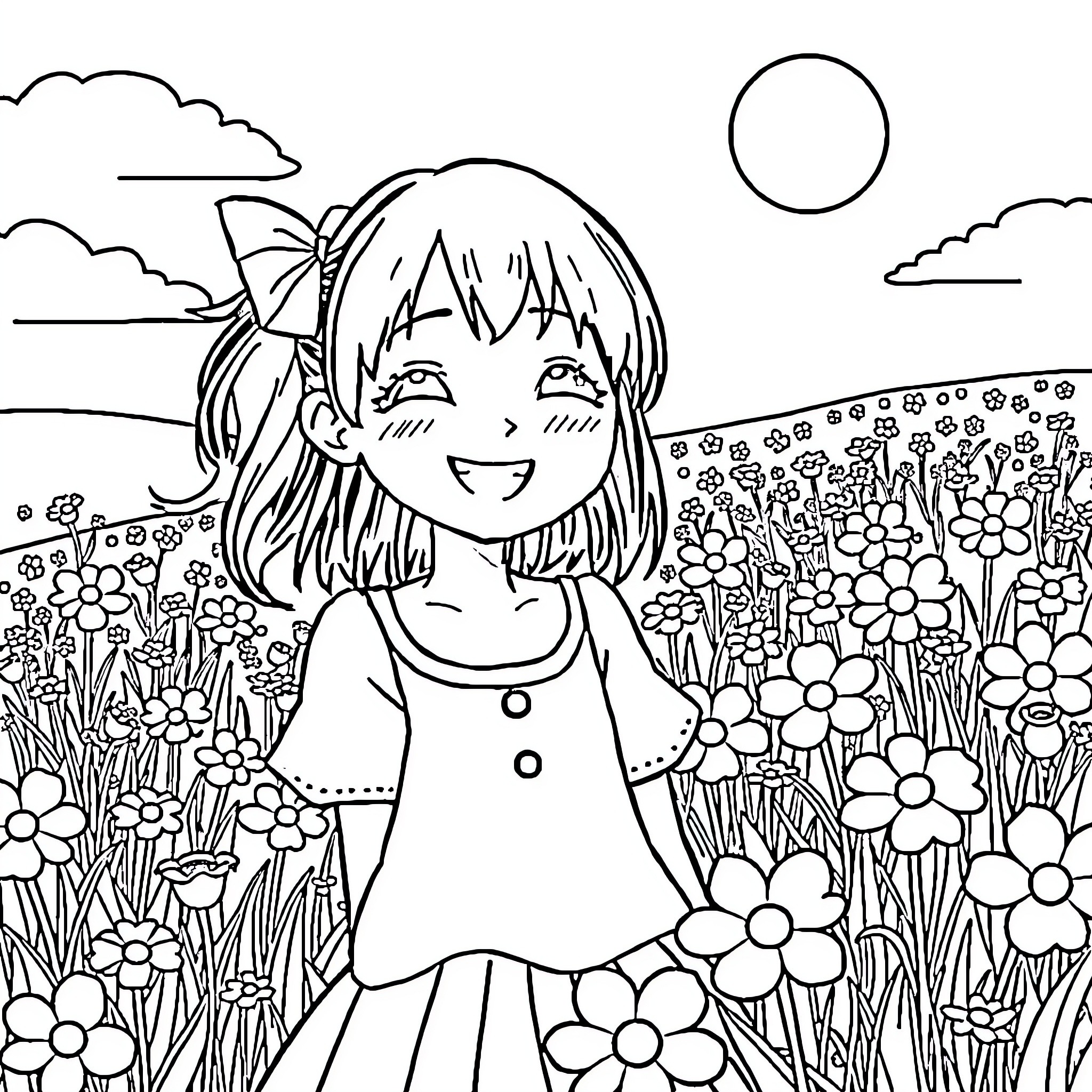 Hinata enjoying the scenic floral field Coloring Page (free black-and-white line drawing printable PDF for all, from beginners to advanced learners, including children, teens, adults, and seniors)