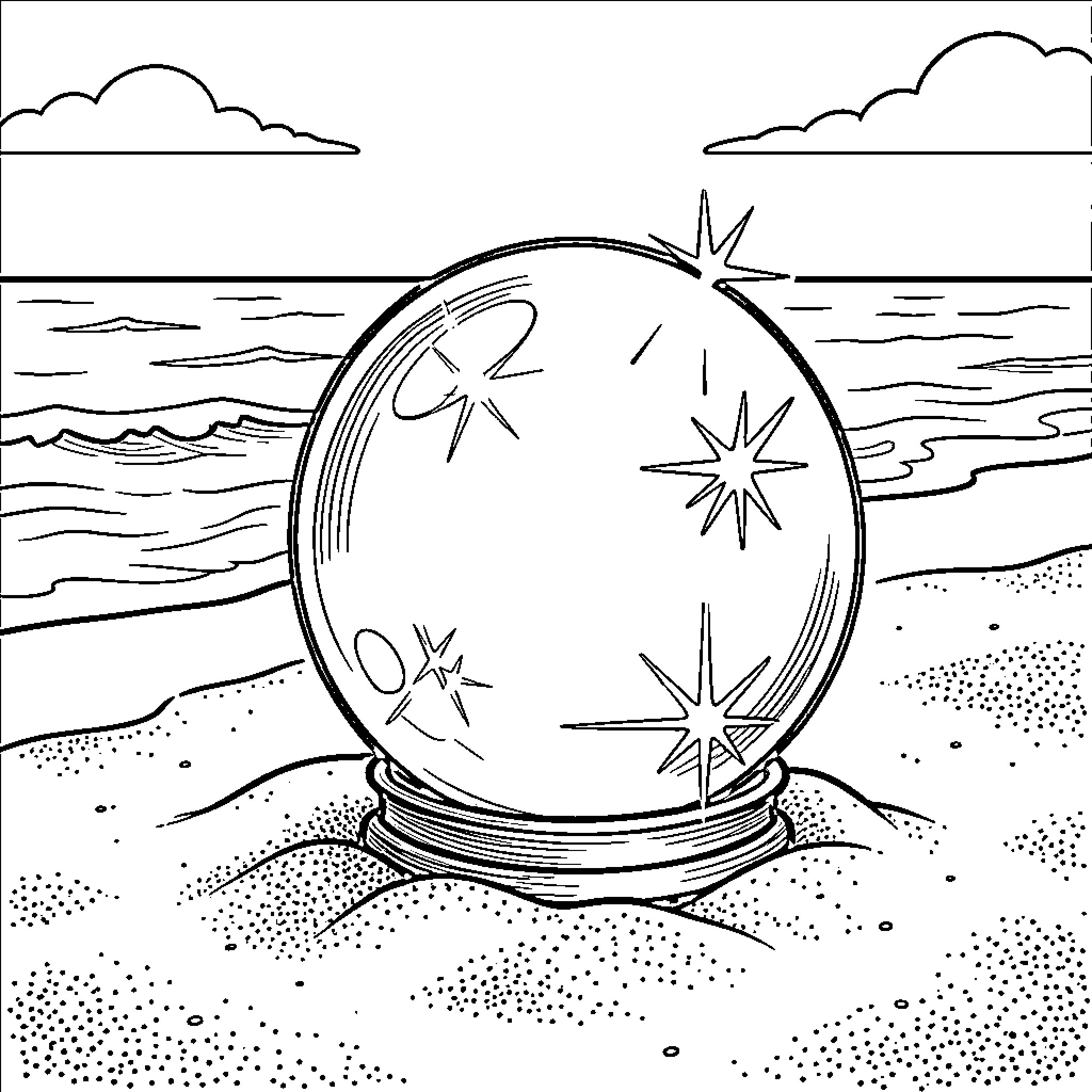 Crystal Ball on the Beach Coloring Page (free black-and-white line drawing printable PDF for all, from beginners to advanced learners, including children, teens, adults, and seniors)