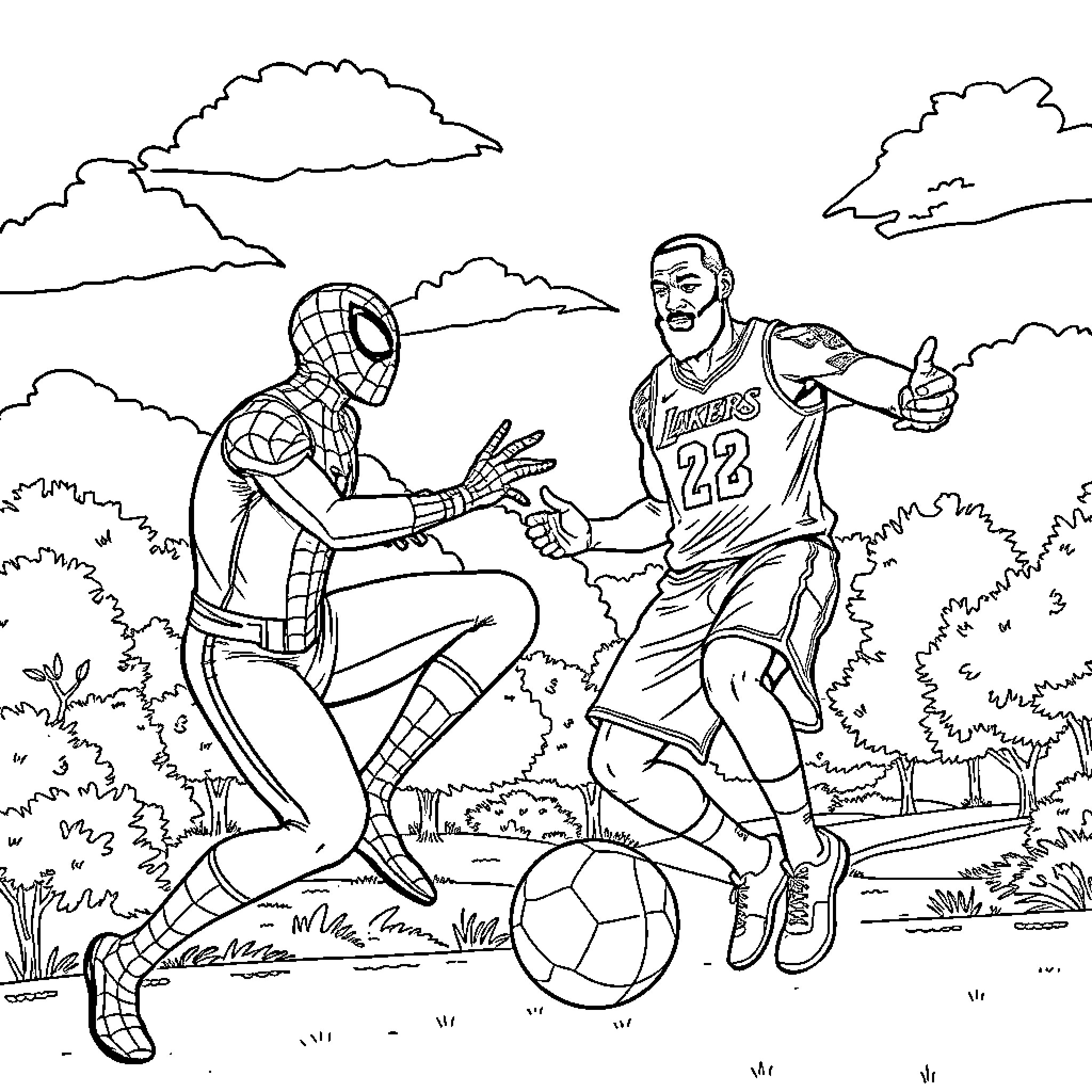 Spiderman Playing Soccer with Basketball Player Coloring Page (free black-and-white line drawing printable PDF for all, from beginners to advanced learners, including children, teens, adults, and seniors)