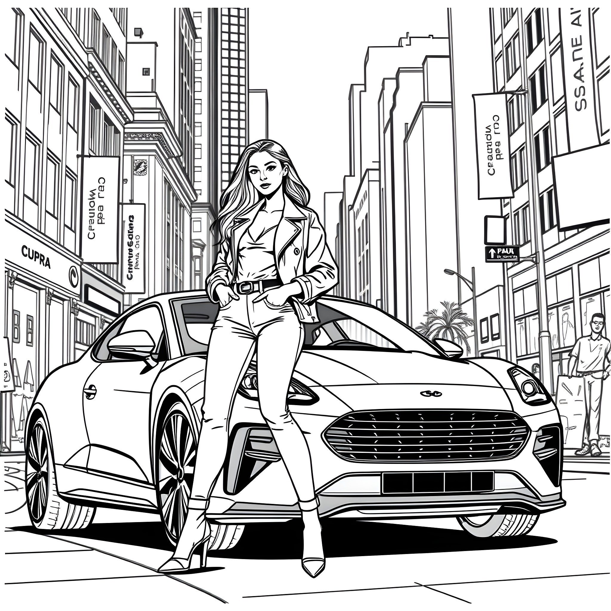 Jenna Ortega posing confidently next to a sleek sports car in the city Coloring Page (free black-and-white line drawing printable PDF for all, from beginners to advanced learners, including children, teens, adults, and seniors)