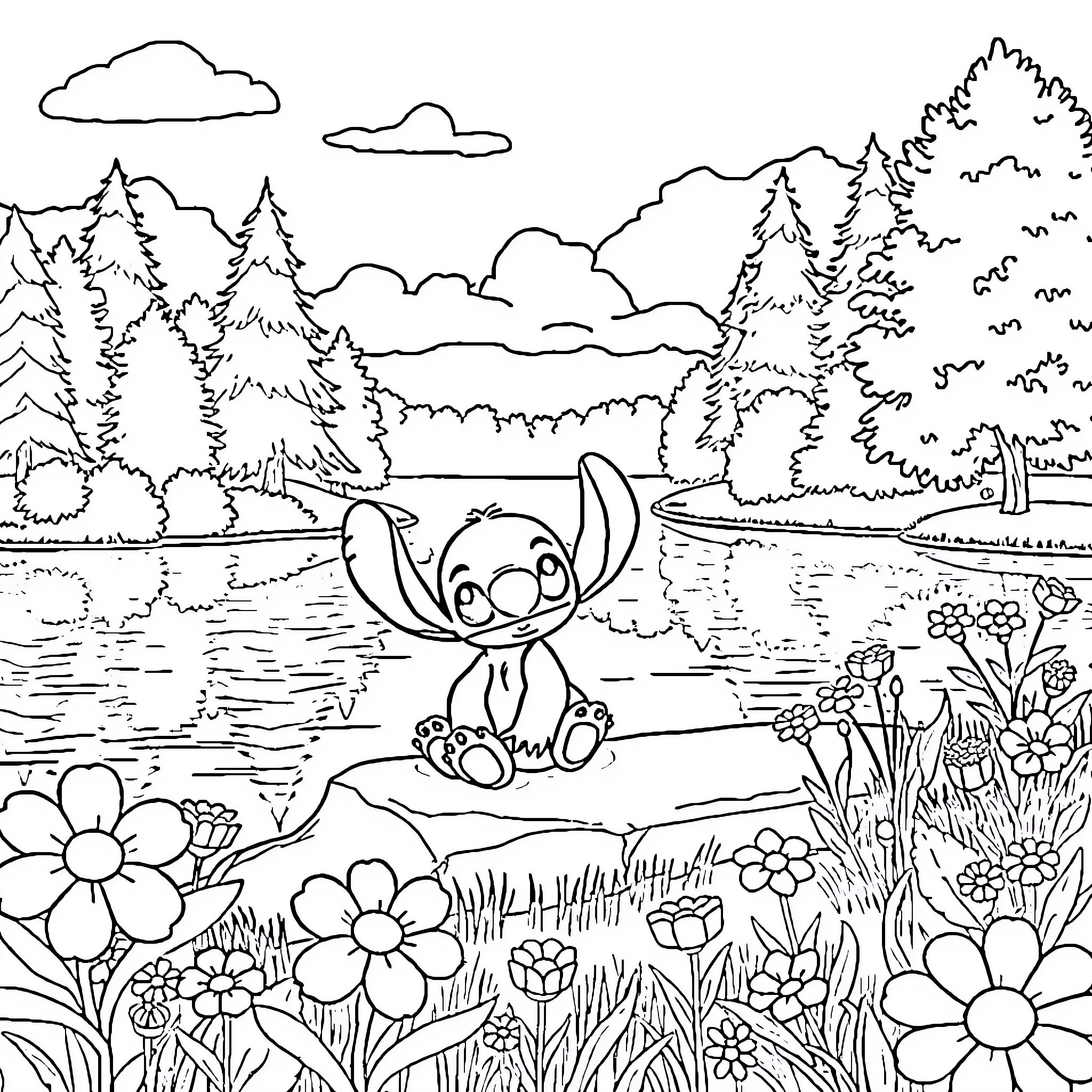 Stitch enjoys a tranquil nature scene Coloring Page (free black-and-white line drawing printable PDF for all, from beginners to advanced learners, including children, teens, adults, and seniors)