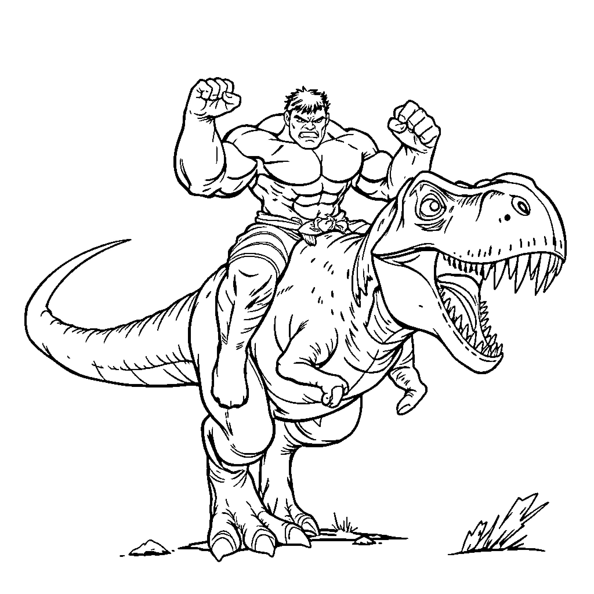Hulk riding a ferocious dinosaur Coloring Page (free black-and-white line drawing printable PDF for all, from beginners to advanced learners, including children, teens, adults, and seniors)
