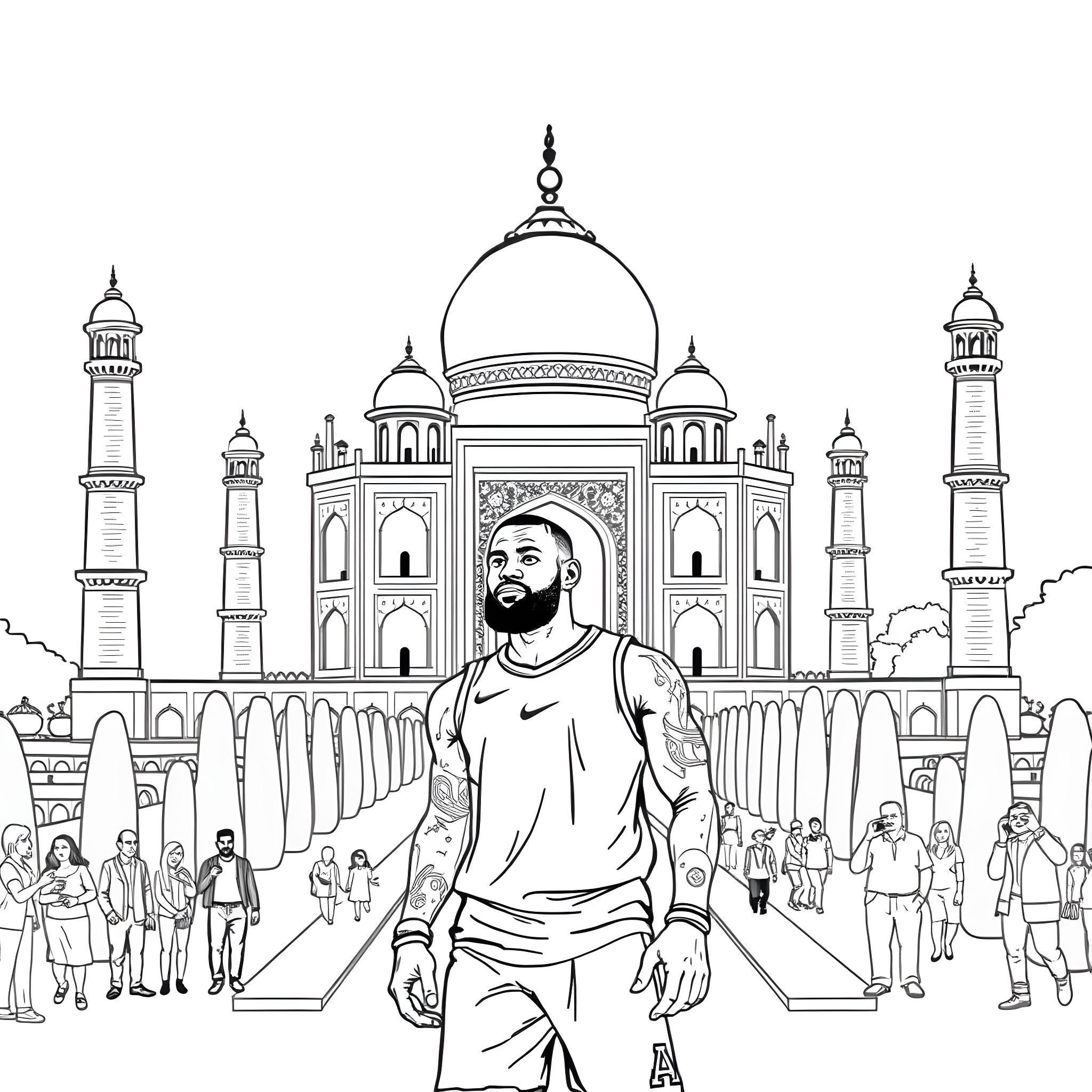 LeBron James Visits the Iconic Taj Mahal Coloring Page (free black-and-white line drawing printable PDF for all, from beginners to advanced learners, including children, teens, adults, and seniors)