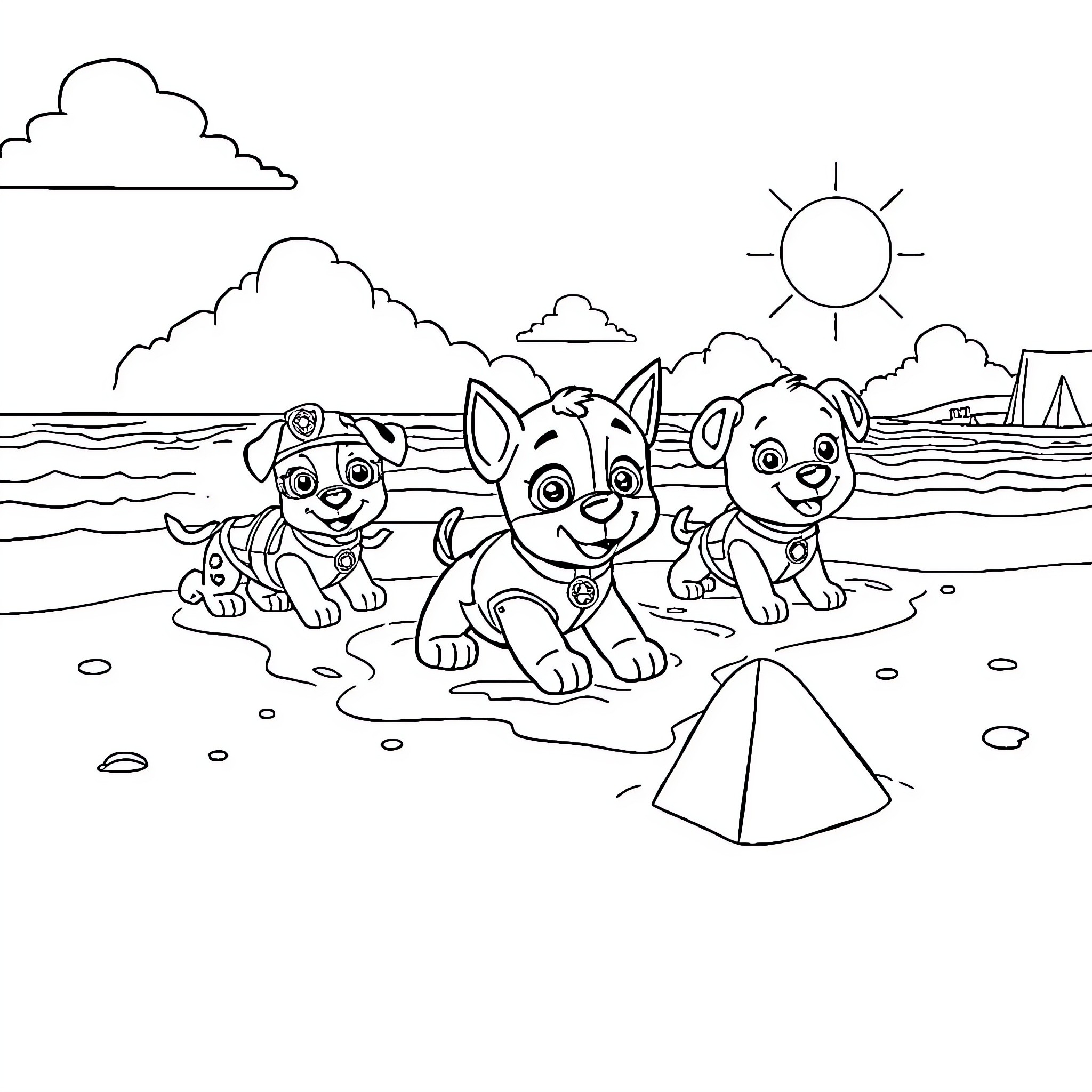 Paw Patrol Puppies Playing on the Beach Coloring Page (free black-and-white line drawing printable PDF for all, from beginners to advanced learners, including children, teens, adults, and seniors)