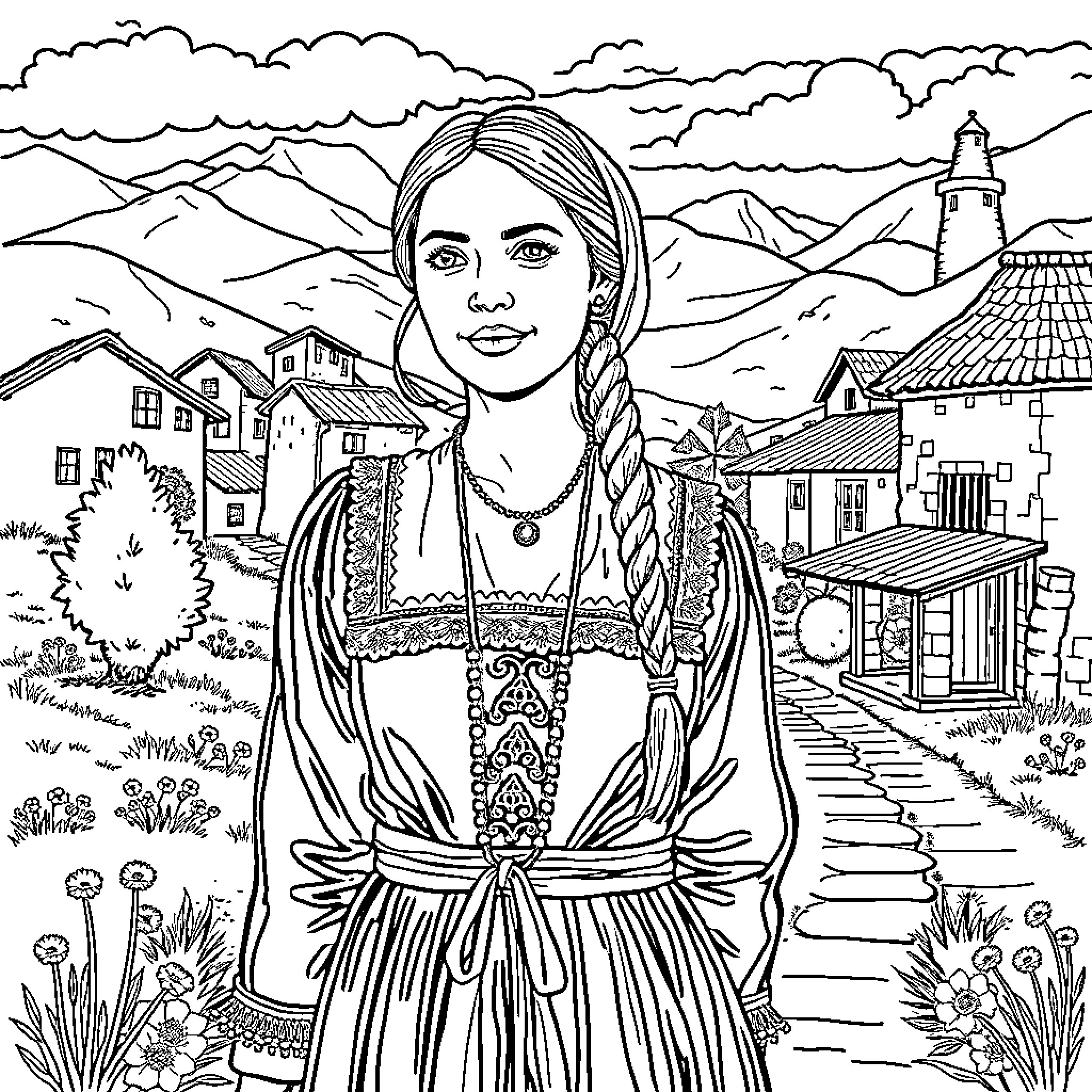 Woman in traditional attire posing in a picturesque village Coloring Page (free black-and-white line drawing printable PDF for all, from beginners to advanced learners, including children, teens, adults, and seniors)
