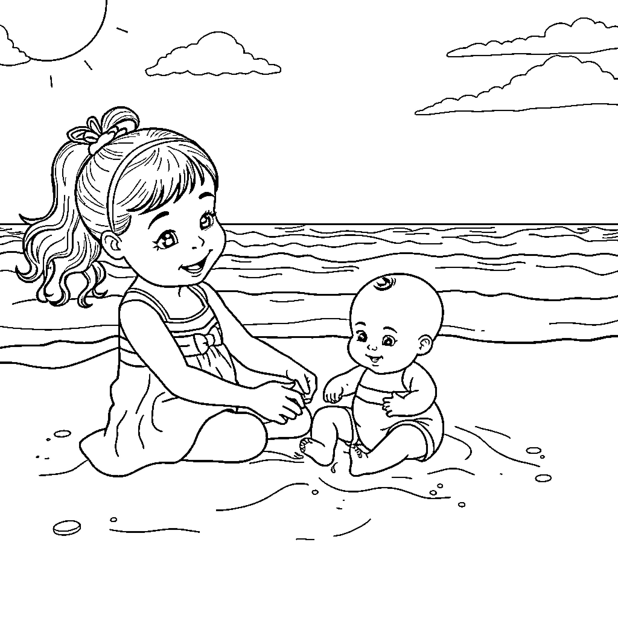 Child playing happily with baby on the beach Coloring Page (free black-and-white line drawing printable PDF for all, from beginners to advanced learners, including children, teens, adults, and seniors)