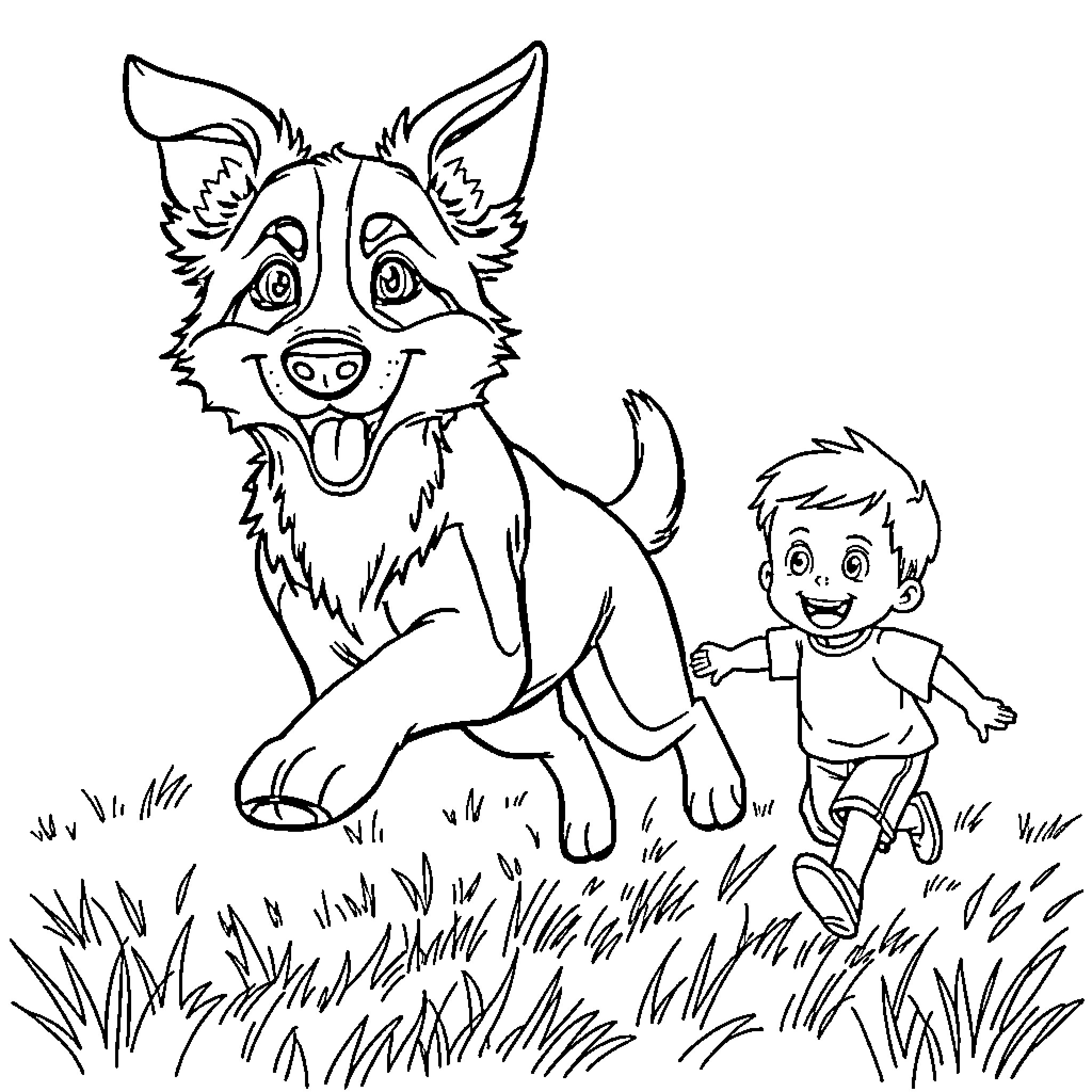 Australian Shepherd playing with a happy child Coloring Page (free black-and-white line drawing printable PDF for all, from beginners to advanced learners, including children, teens, adults, and seniors)