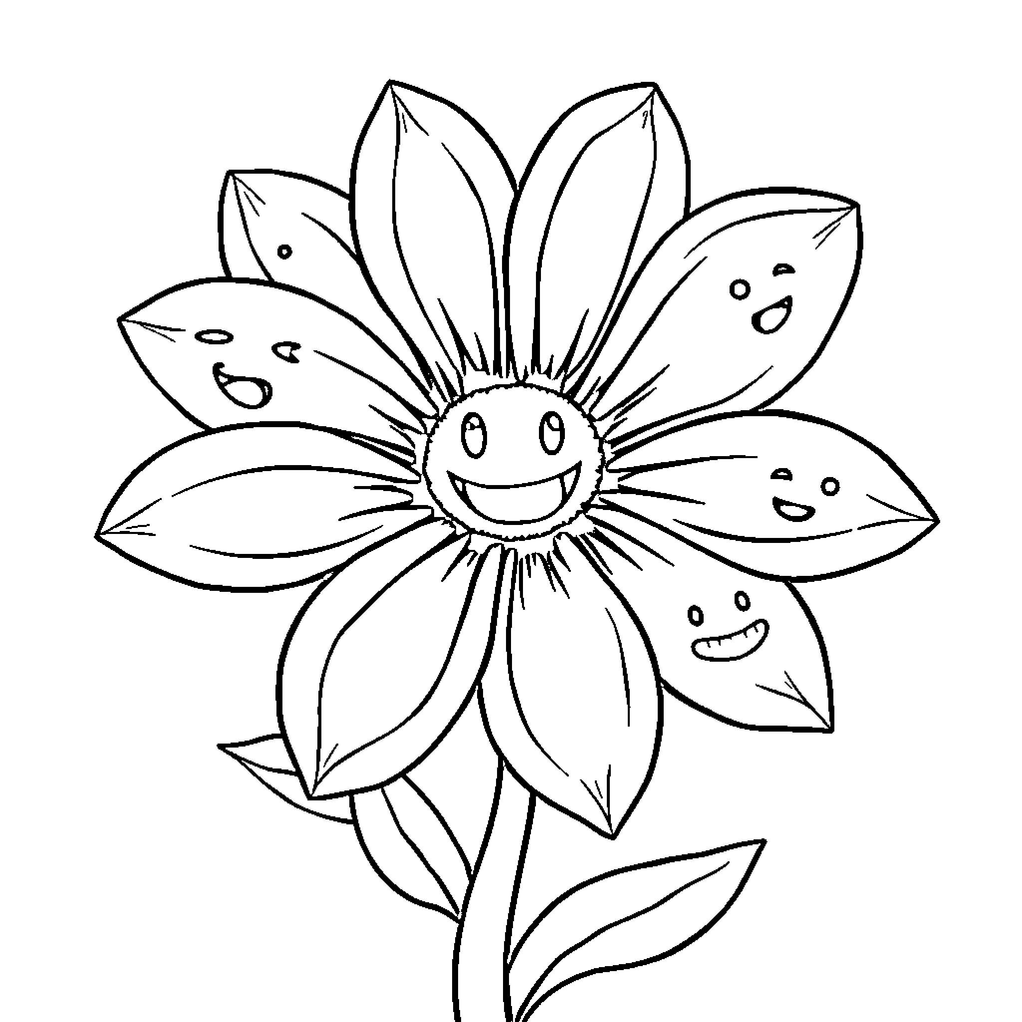 Flower with smiling petals Coloring Page (free black-and-white line drawing printable PDF for all, from beginners to advanced learners, including children, teens, adults, and seniors)