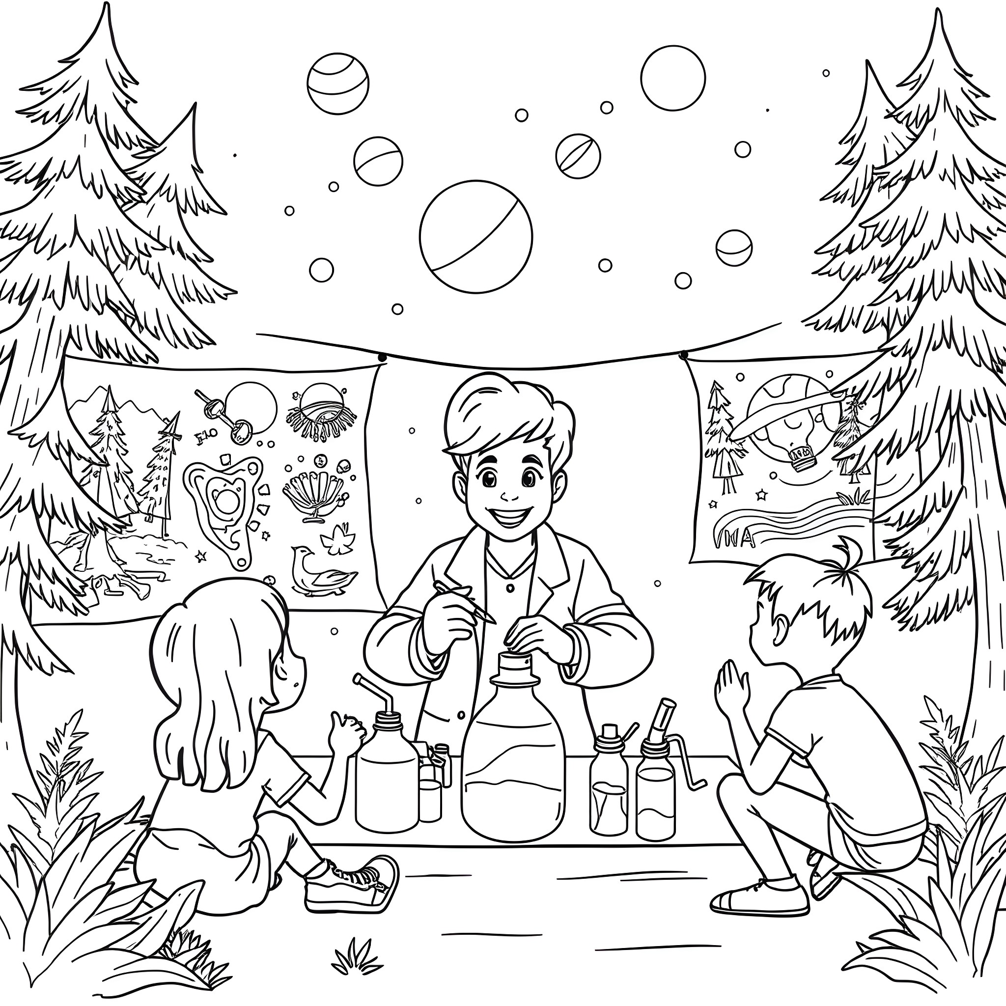 Teacher Guiding Students on a Nature Exploration Coloring Page (free black-and-white line drawing printable PDF for all, from beginners to advanced learners, including children, teens, adults, and seniors)