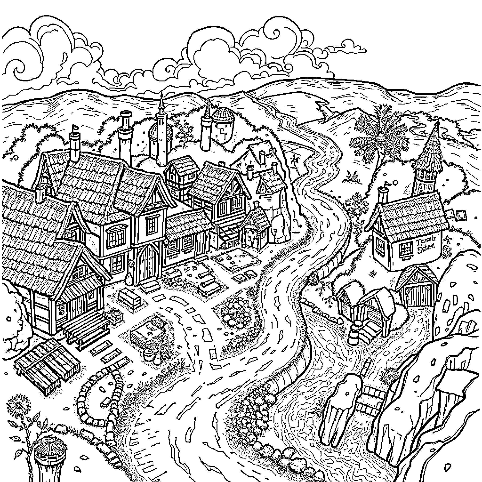 Map of a Quaint Countryside Village Coloring Page (free black-and-white line drawing printable PDF for all, from beginners to advanced learners, including children, teens, adults, and seniors)