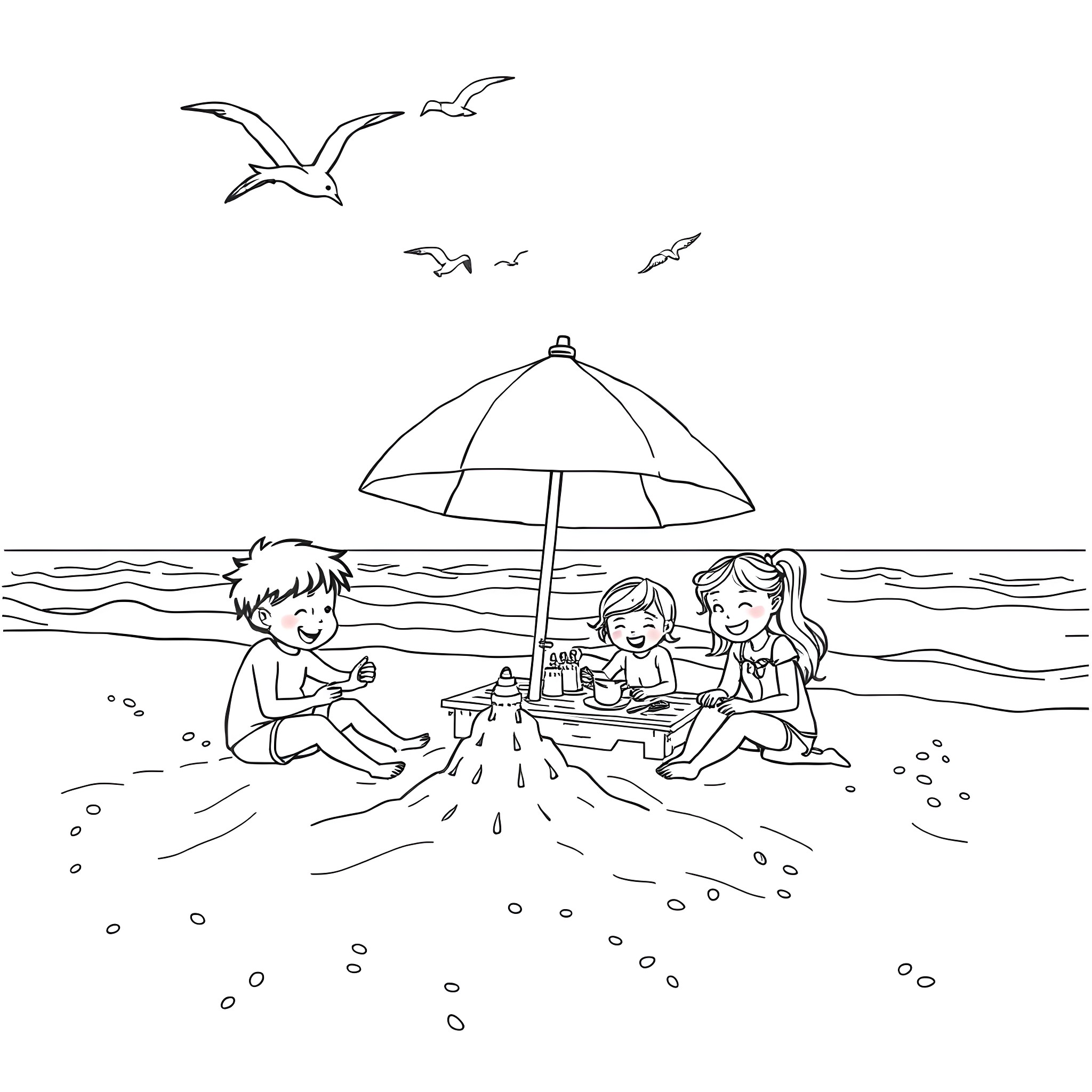 Family Enjoying a Beach Day Together Coloring Page (free black-and-white line drawing printable PDF for all, from beginners to advanced learners, including children, teens, adults, and seniors)