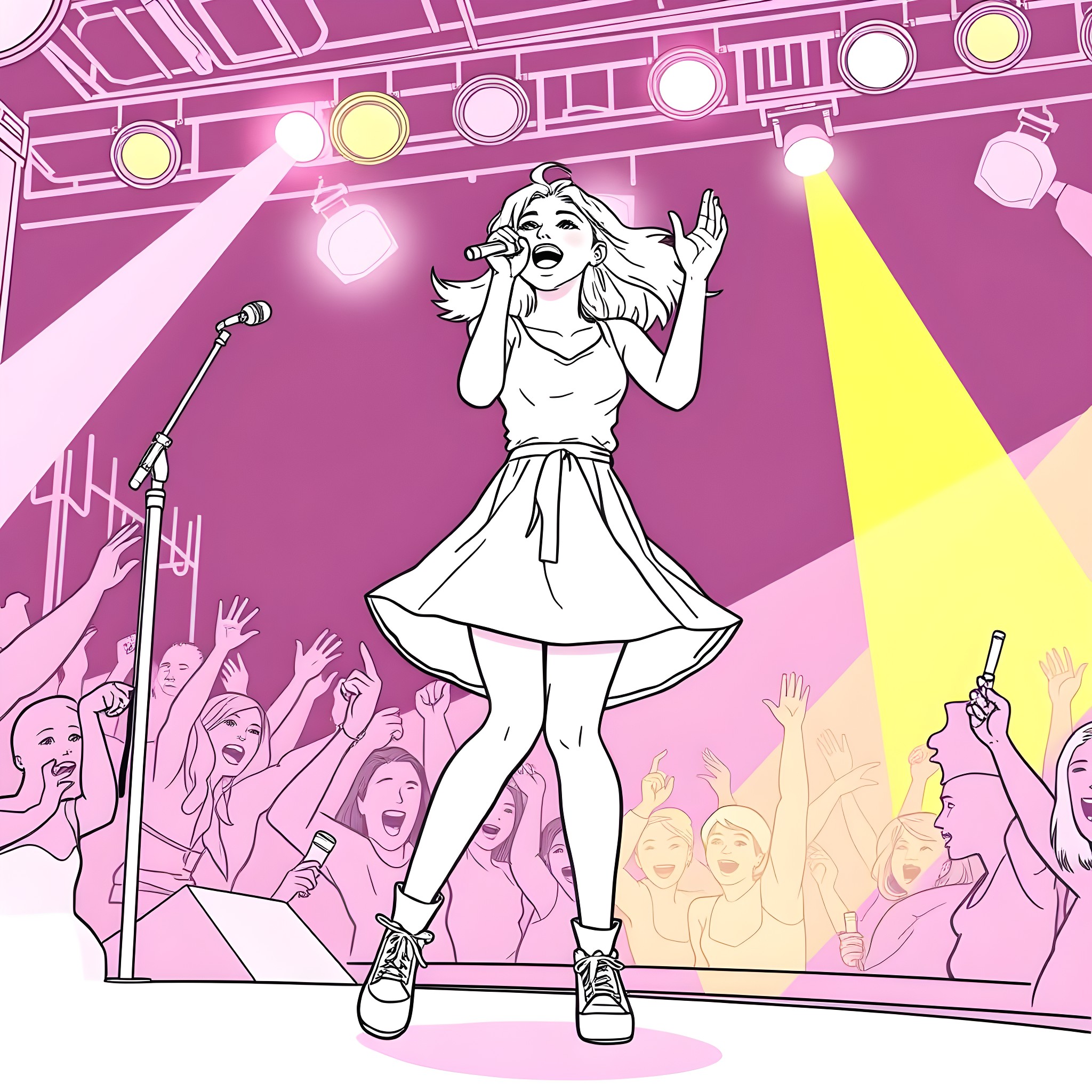 Teen Girl Performing on Stage with Enthusiastic Crowd Coloring Page (free black-and-white line drawing printable PDF for all, from beginners to advanced learners, including children, teens, adults, and seniors)