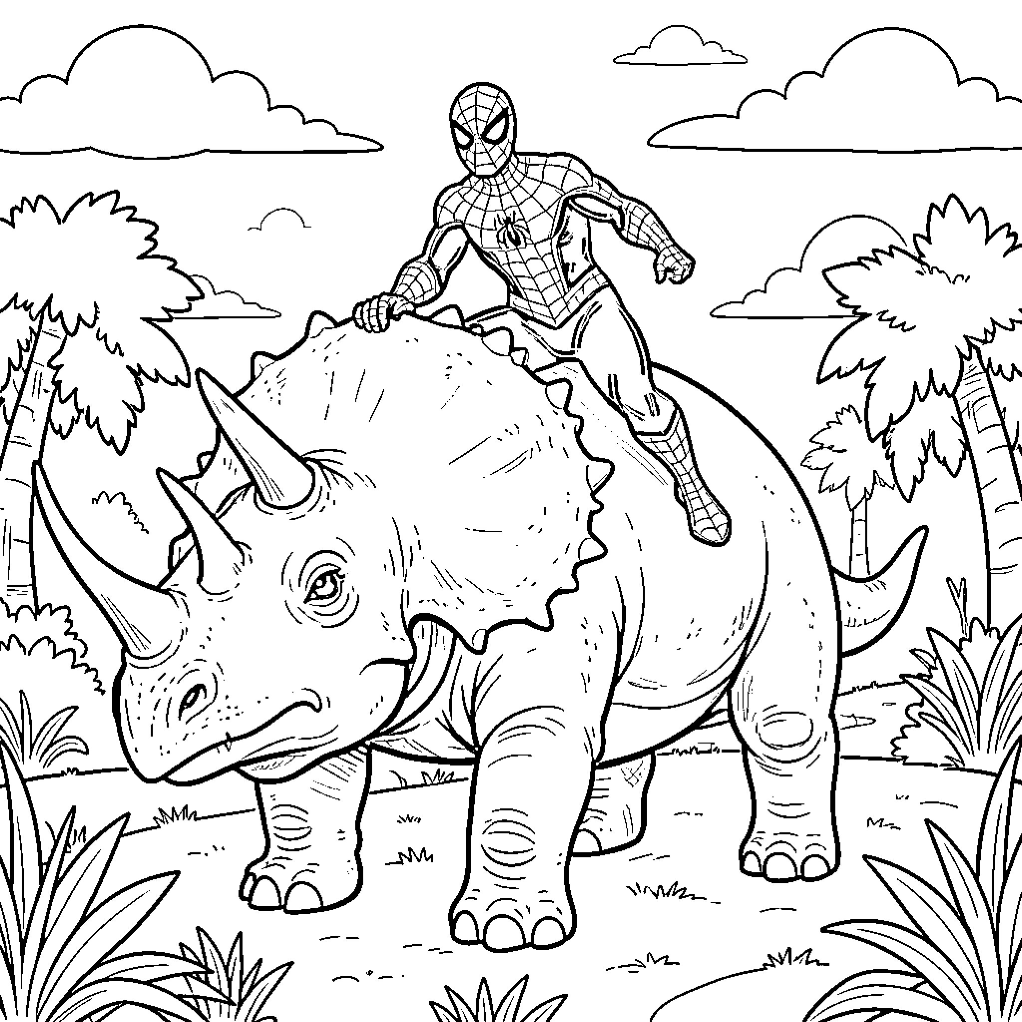 Spider-Man riding a triceratops through a jungle Coloring Page (free black-and-white line drawing printable PDF for all, from beginners to advanced learners, including children, teens, adults, and seniors)