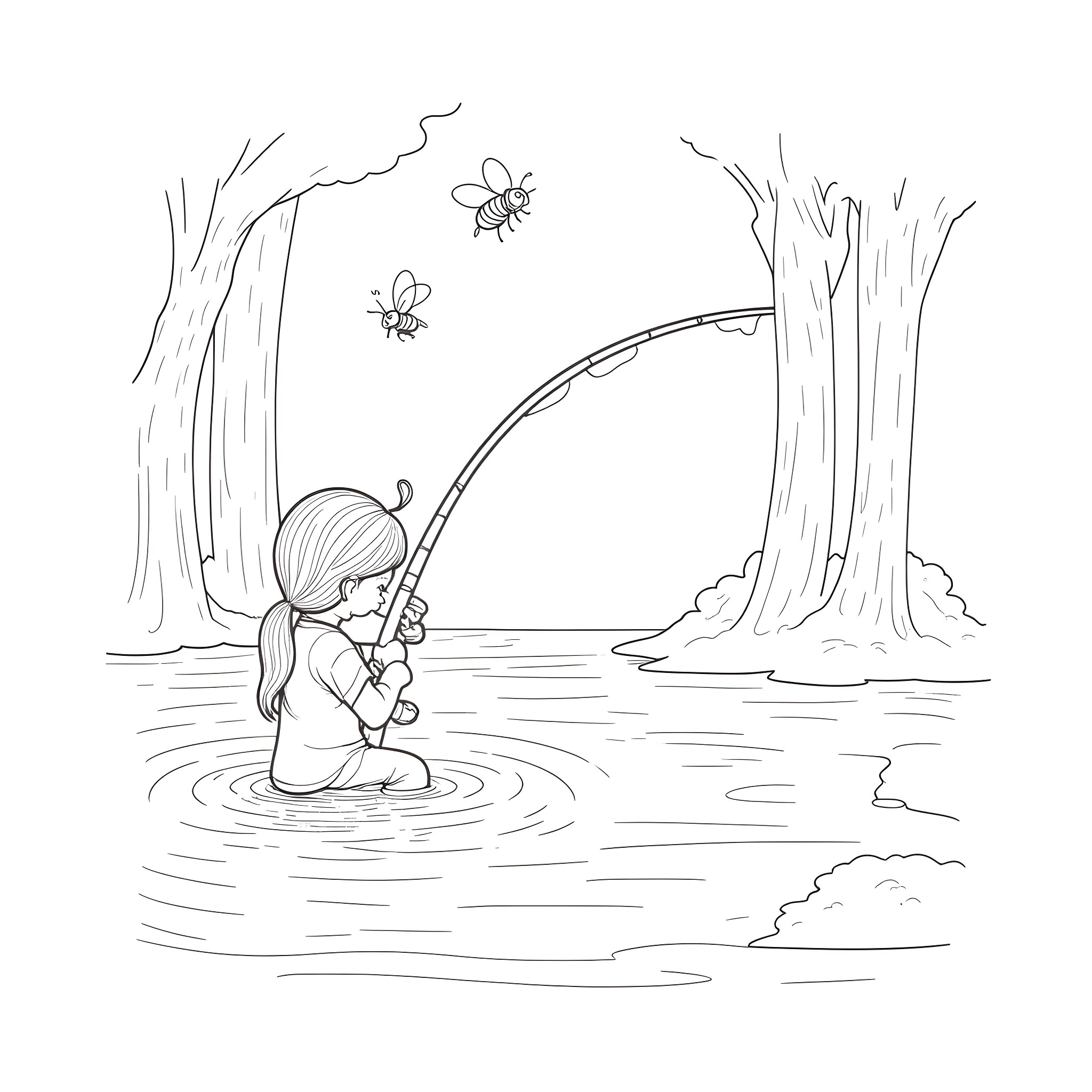 Girl fishing in a serene forest stream Coloring Page (free black-and-white line drawing printable PDF for all, from beginners to advanced learners, including children, teens, adults, and seniors)