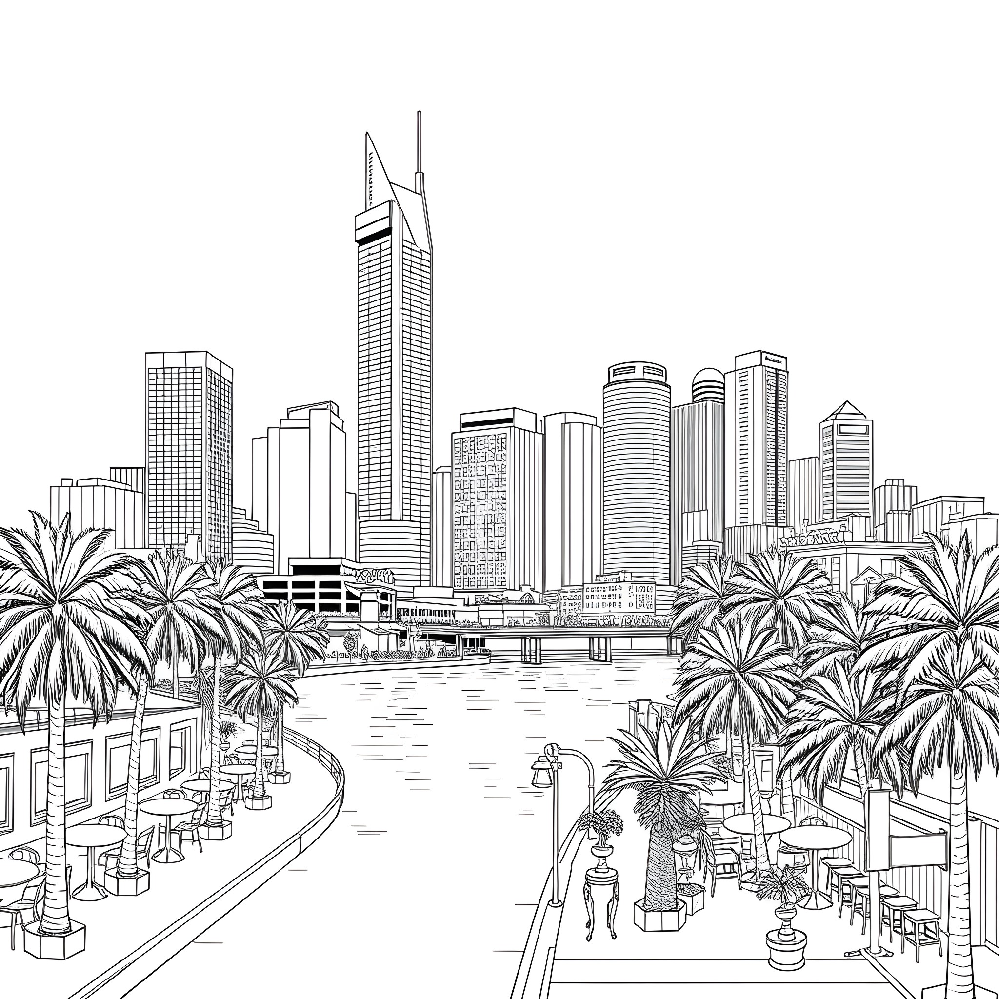 Perth skyline with palm trees and boardwalk Coloring Page (free black-and-white line drawing printable PDF for all, from beginners to advanced learners, including children, teens, adults, and seniors)