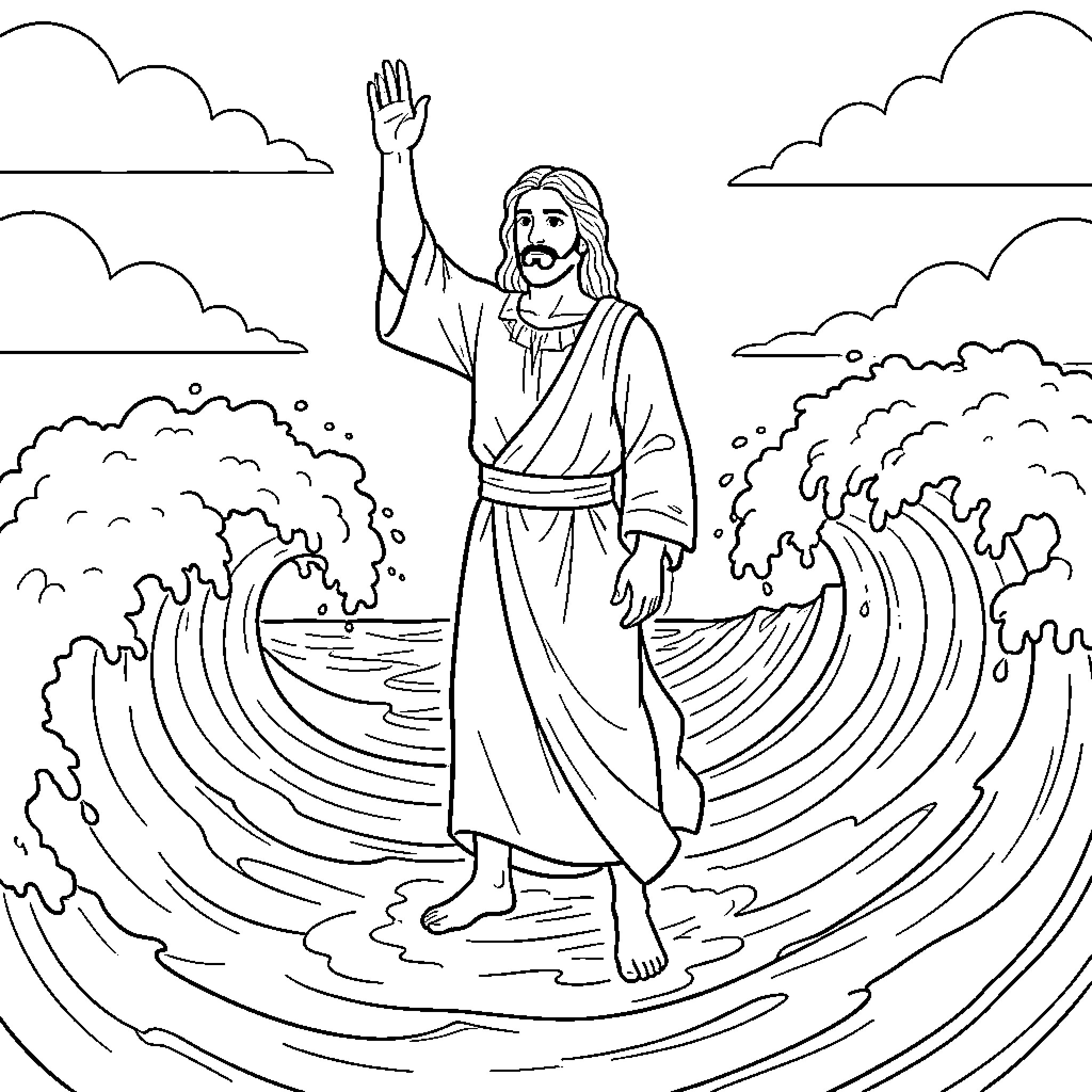 Moses Parts the Waves with Outstretched Arm Coloring Page (free black-and-white line drawing printable PDF for all, from beginners to advanced learners, including children, teens, adults, and seniors)