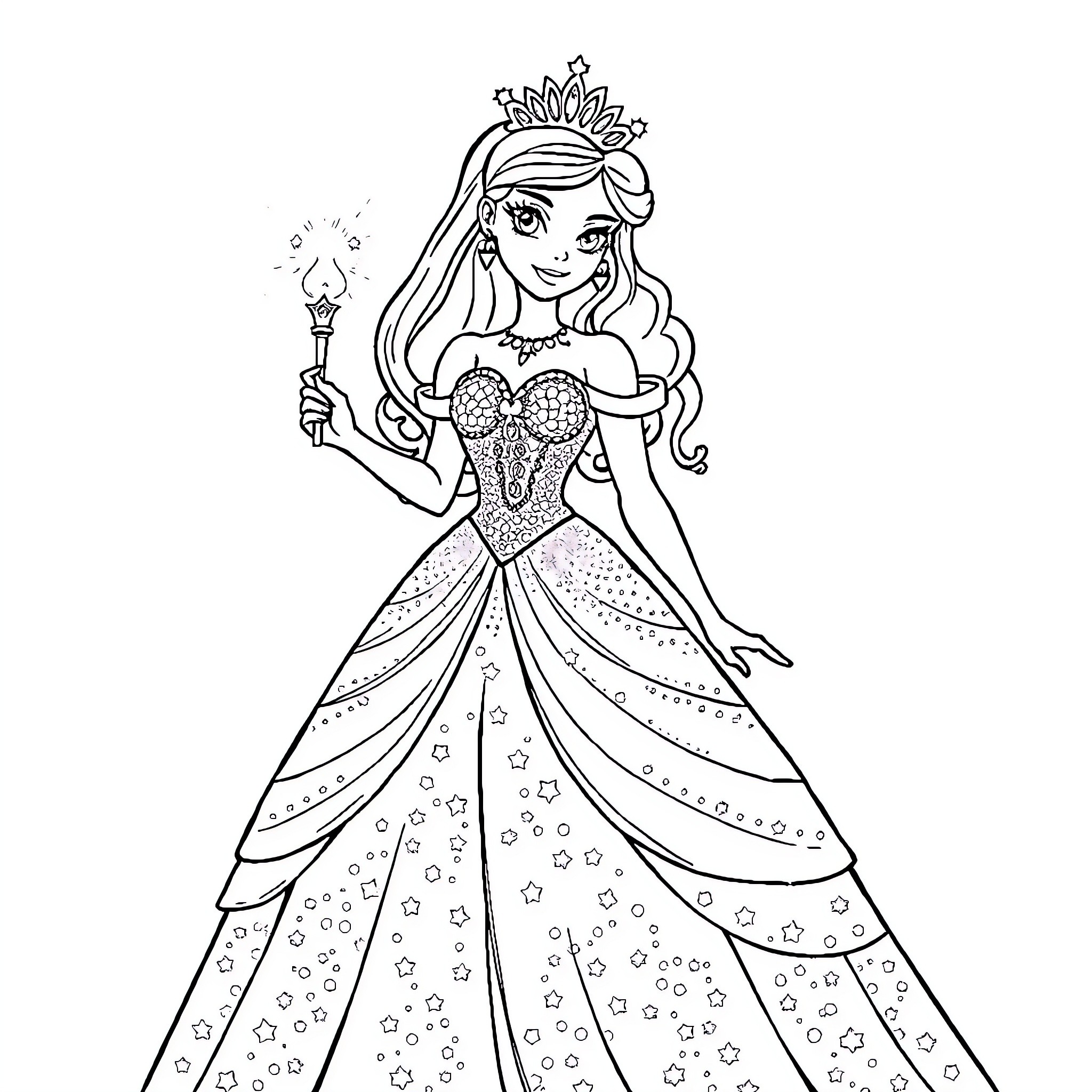 Princess in a Sparkling Ball Gown Holding a Wand Coloring Page (free black-and-white line drawing printable PDF for all, from beginners to advanced learners, including children, teens, adults, and seniors)