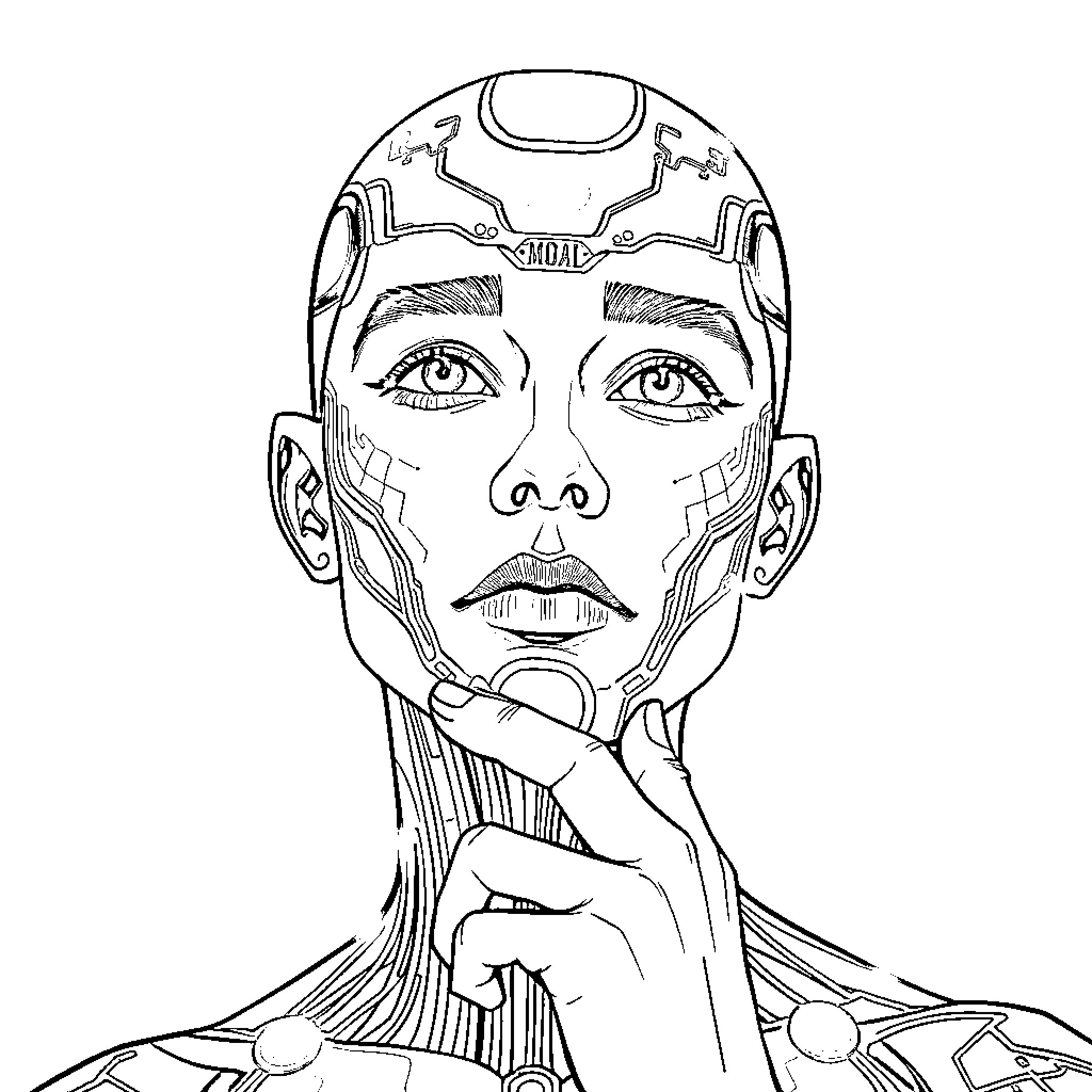 AI Futuristic Robotic Head with Thoughtful Expression Coloring Page (free black-and-white line drawing printable PDF for all, from beginners to advanced learners, including children, teens, adults, and seniors)
