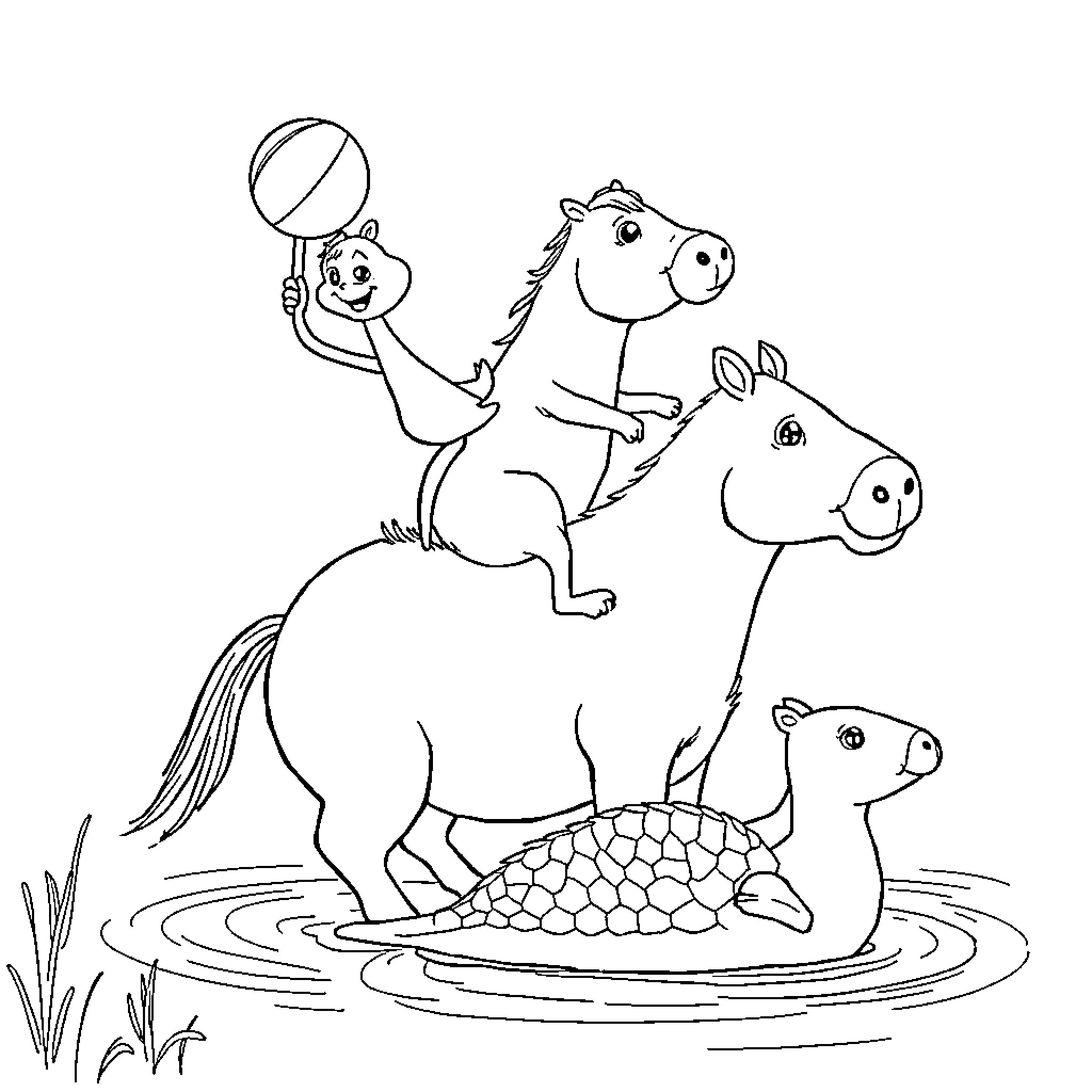 Seal playing with children on horses in pond Coloring Page (free black-and-white line drawing printable PDF for all, from beginners to advanced learners, including children, teens, adults, and seniors)