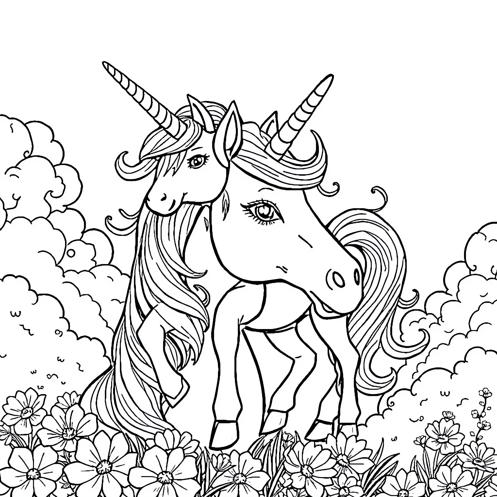 Unicorn in a Whimsical Floral Meadow Coloring Page (free black-and-white line drawing printable PDF for all, from beginners to advanced learners, including children, teens, adults, and seniors)