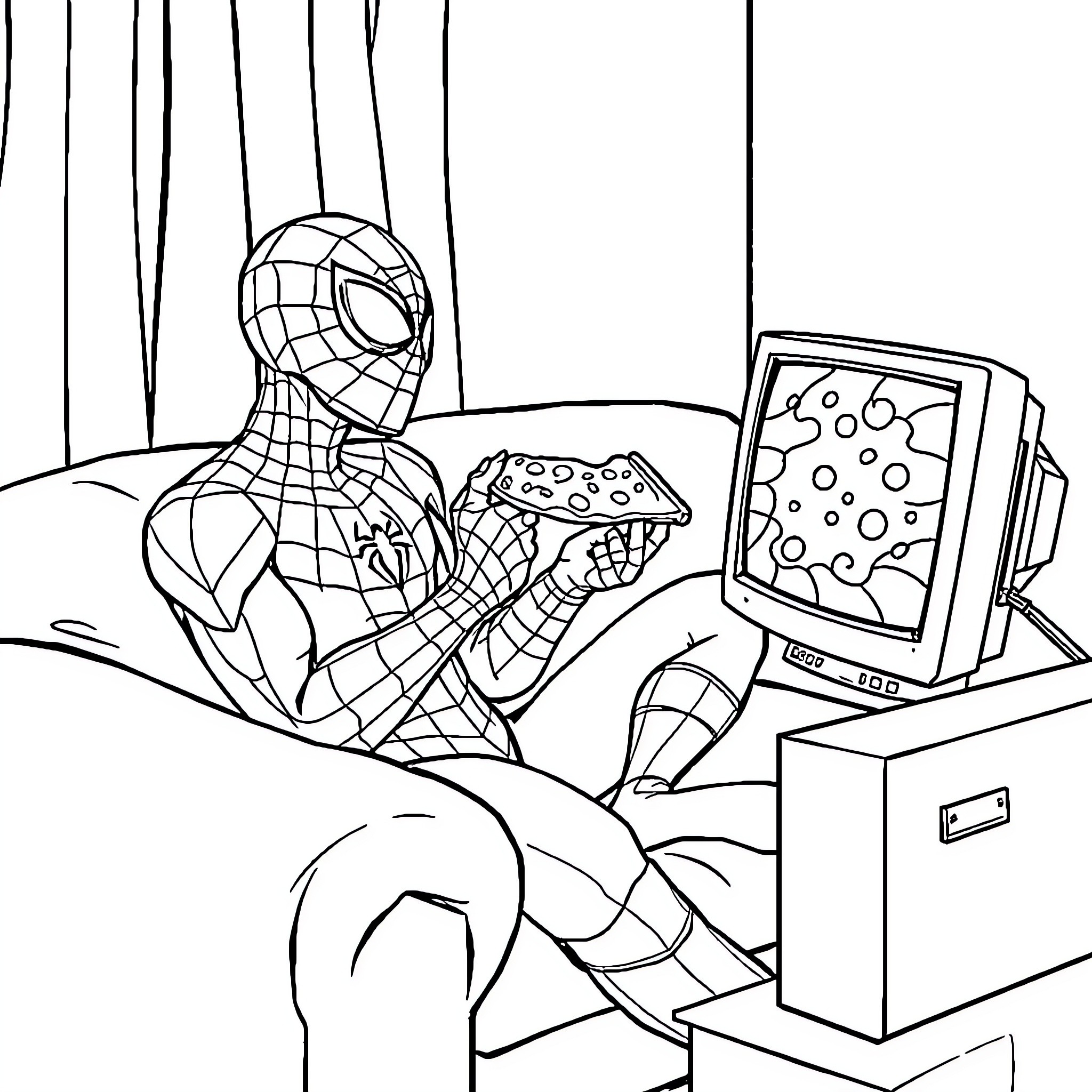 Spiderman playing video games in his room Coloring Page (free black-and-white line drawing printable PDF for all, from beginners to advanced learners, including children, teens, adults, and seniors)