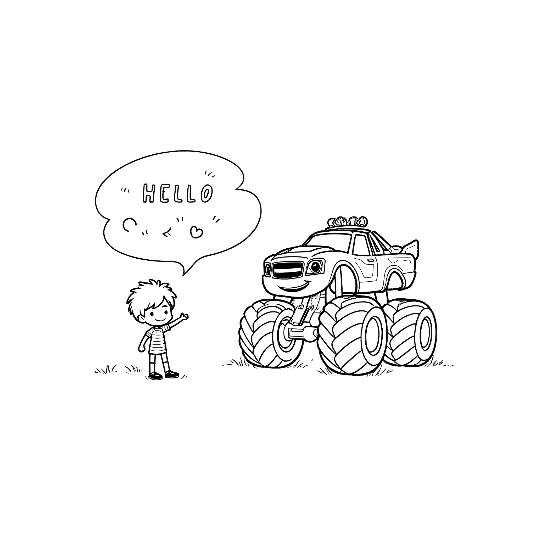 Blaze Waves Hello to Monster Truck Coloring Page (free black-and-white line drawing printable PDF for all, from beginners to advanced learners, including children, teens, adults, and seniors)