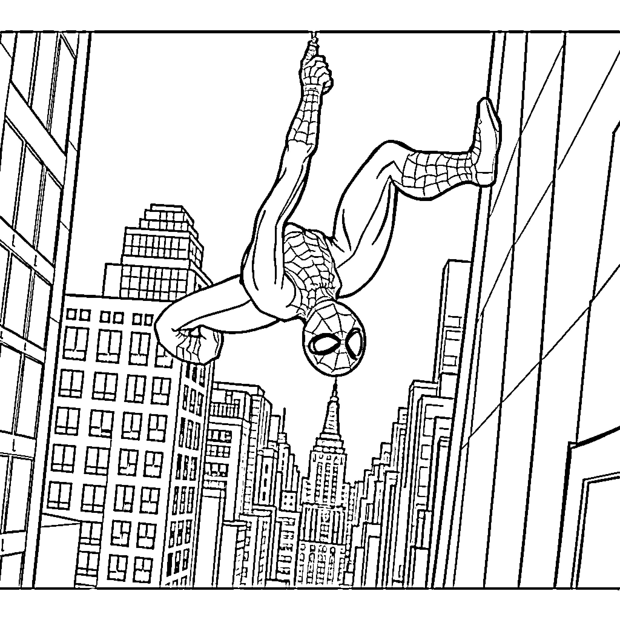 Spider-Man swinging through the city skyline Coloring Page (free black-and-white line drawing printable PDF for all, from beginners to advanced learners, including children, teens, adults, and seniors)