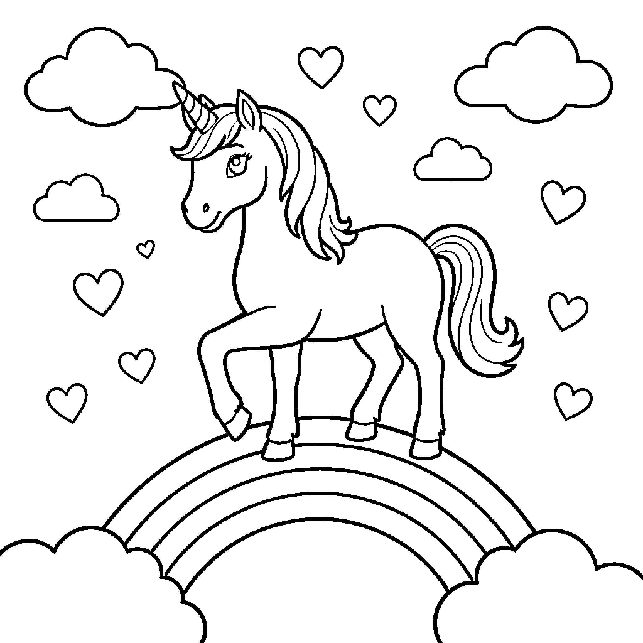 Unicorn walking joyfully across a rainbow with hearts Coloring Page (free black-and-white line drawing printable PDF for all, from beginners to advanced learners, including children, teens, adults, and seniors)