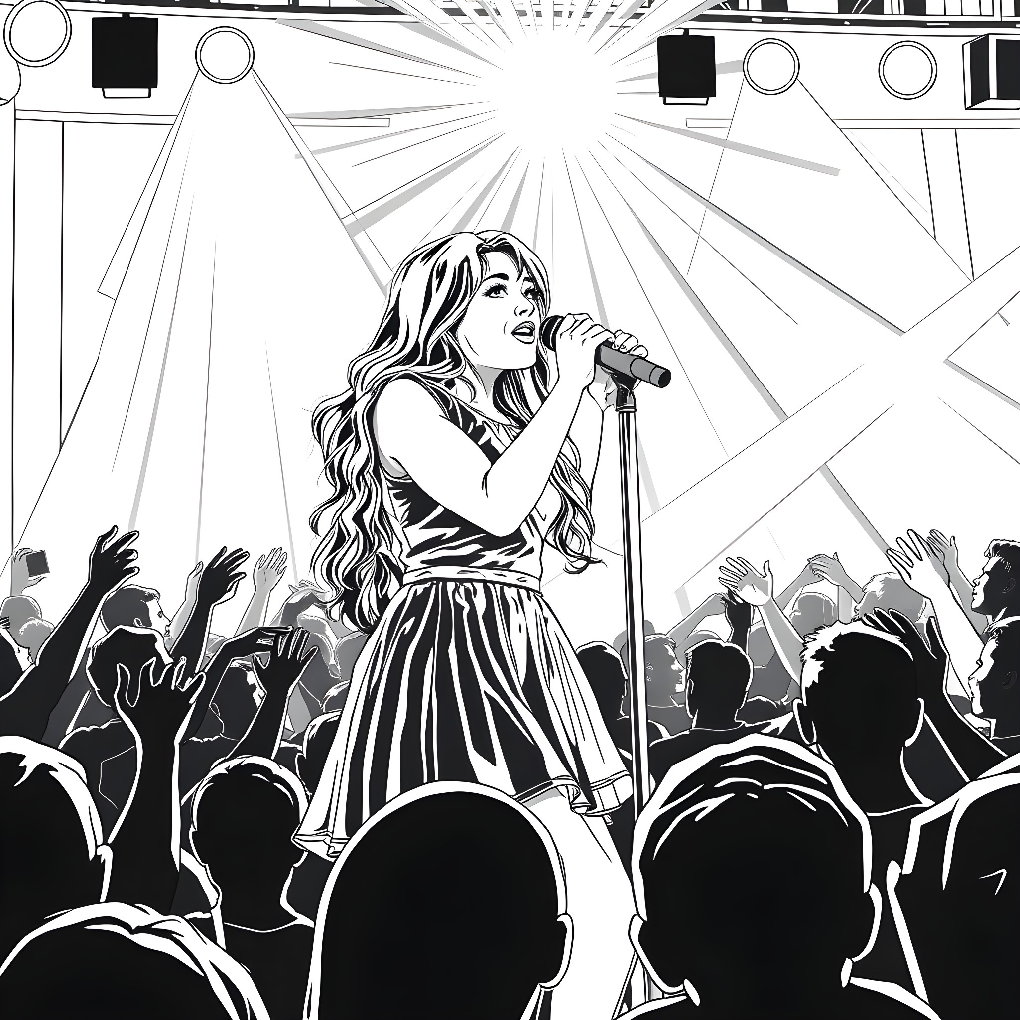 Sabrina Carpenter's Energetic Stage Performance Coloring Page (free black-and-white line drawing printable PDF for all, from beginners to advanced learners, including children, teens, adults, and seniors)