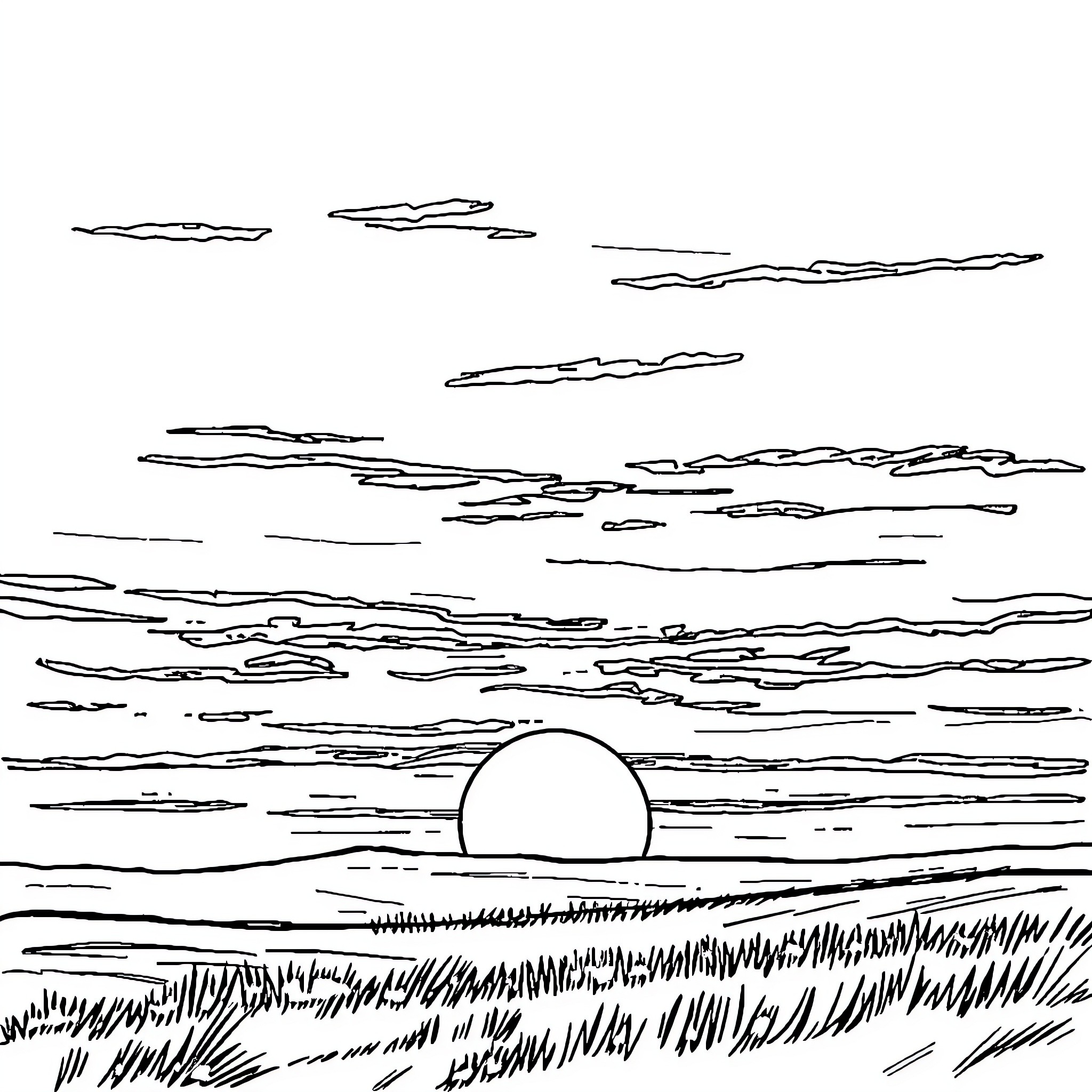 Twilight horizon with rising moon in the sky Coloring Page (free black-and-white line drawing printable PDF for all, from beginners to advanced learners, including children, teens, adults, and seniors)