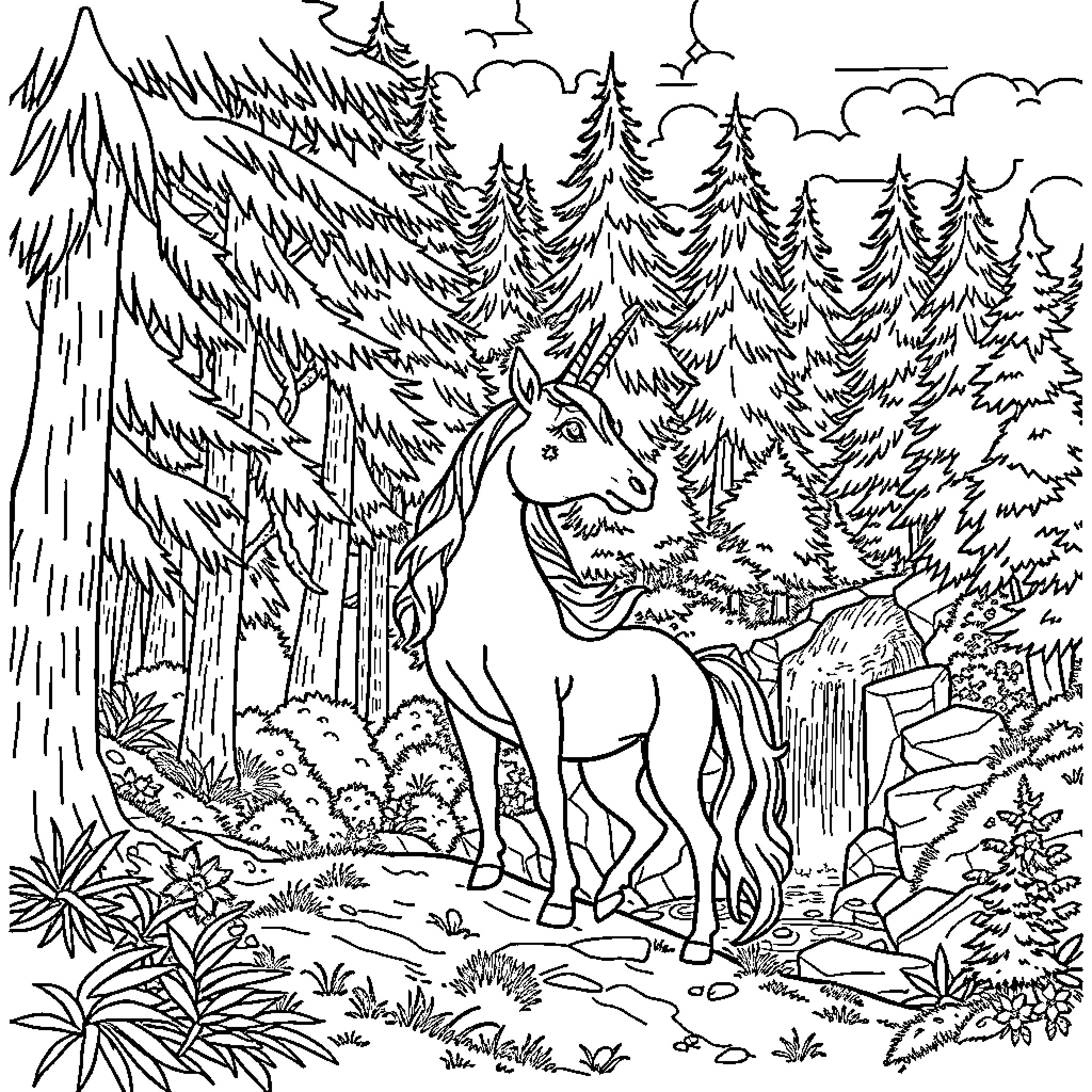 Unicorn standing in enchanted forest Coloring Page (free black-and-white line drawing printable PDF for all, from beginners to advanced learners, including children, teens, adults, and seniors)
