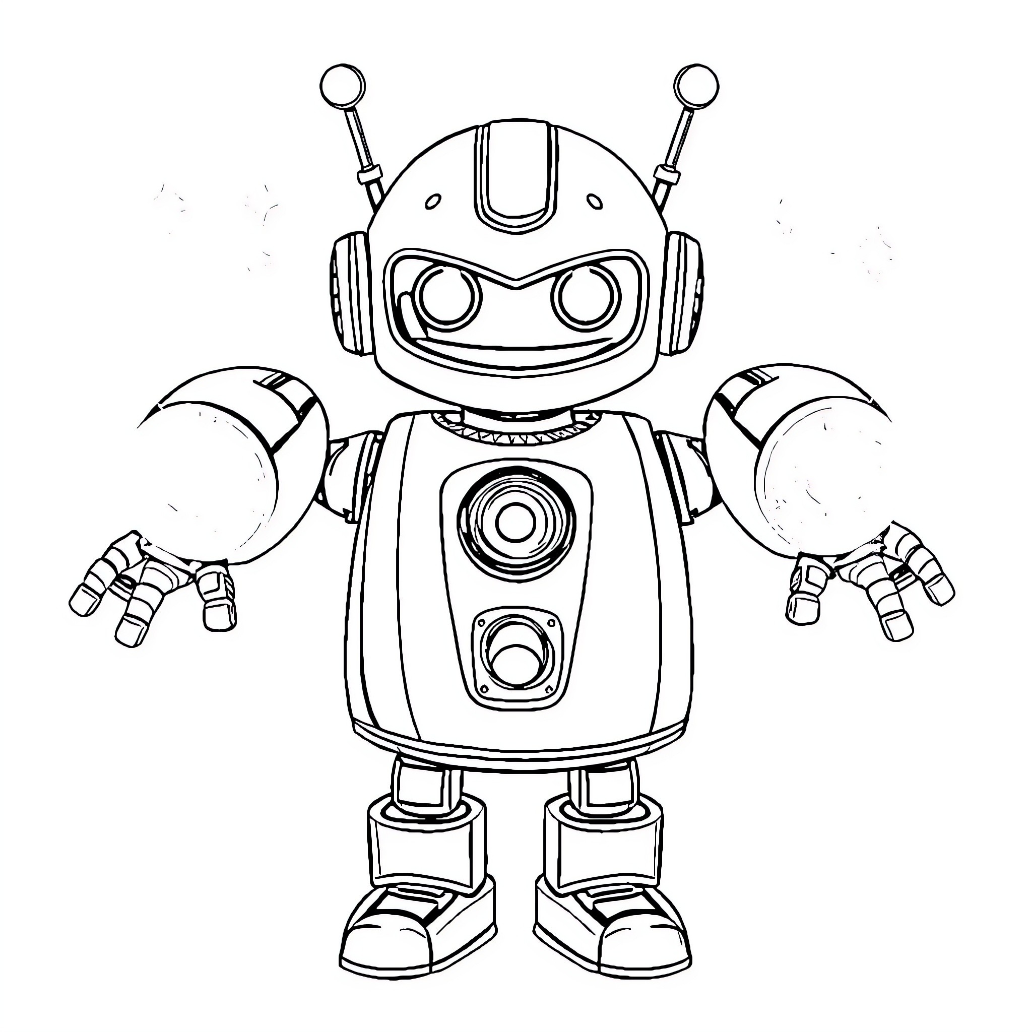 Robot with Expressive Features and Outstretched Arms Coloring Page (free black-and-white line drawing printable PDF for all, from beginners to advanced learners, including children, teens, adults, and seniors)