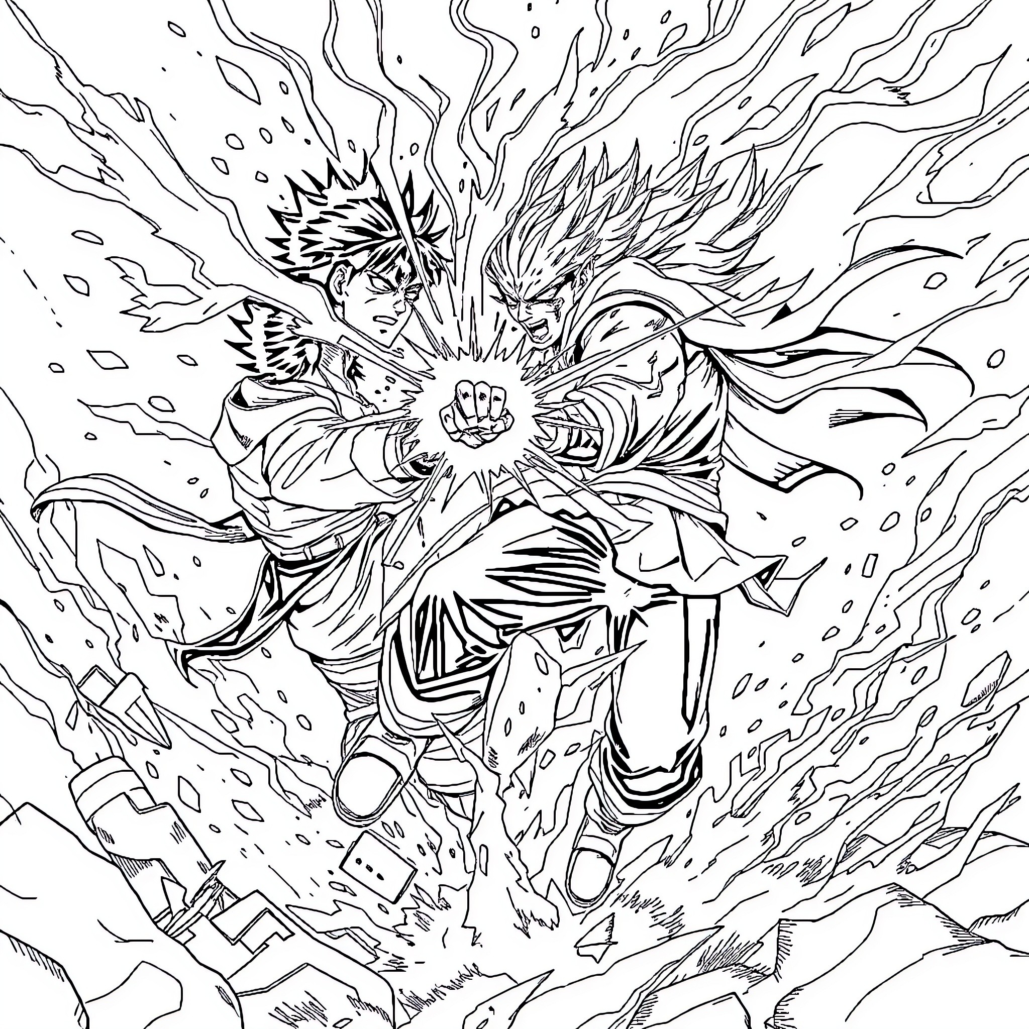 Shoto Todoroki in an intense heroic action scene Coloring Page (free black-and-white line drawing printable PDF for all, from beginners to advanced learners, including children, teens, adults, and seniors)