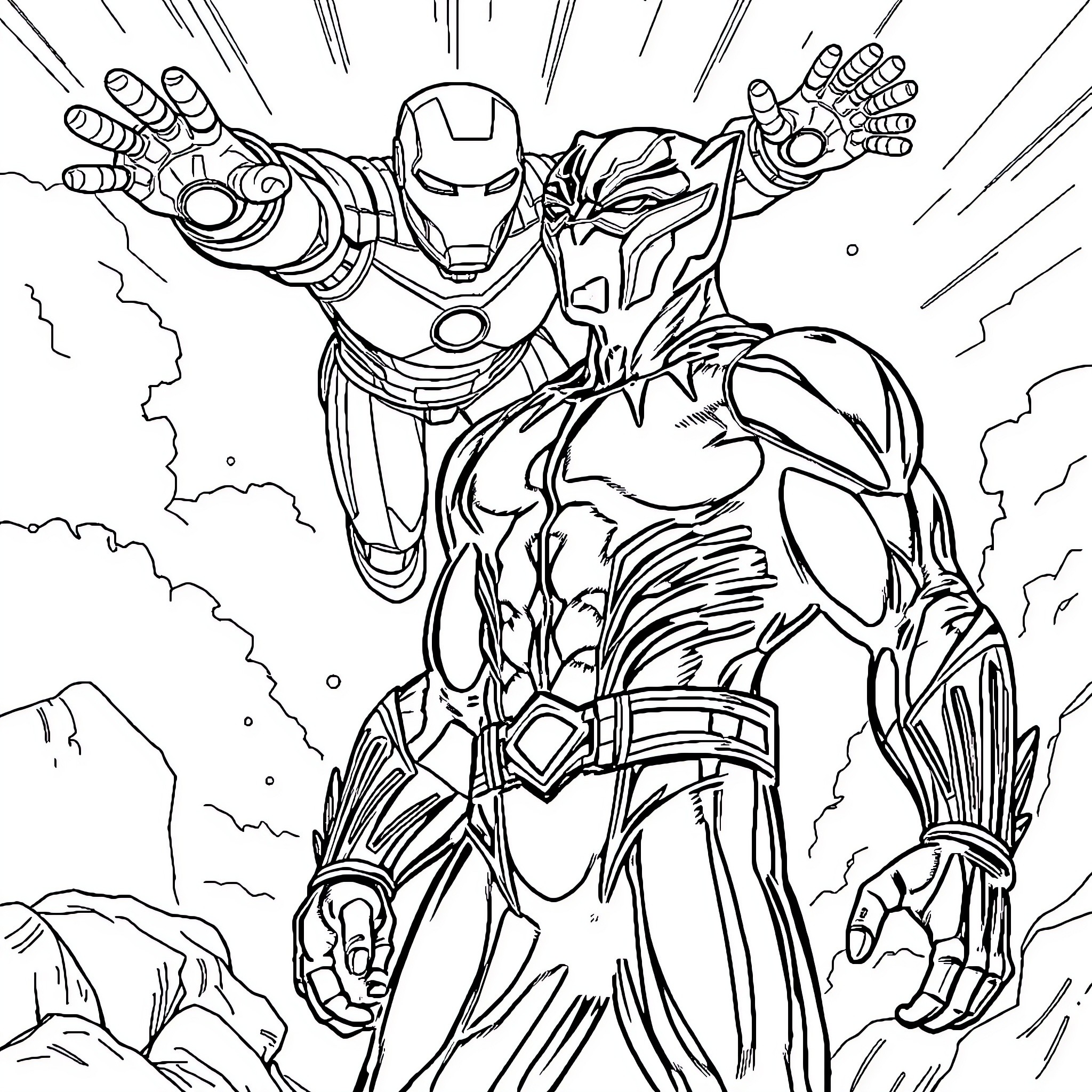 Panther-like superhero in action-packed pose Coloring Page (free black-and-white line drawing printable PDF for all, from beginners to advanced learners, including children, teens, adults, and seniors)