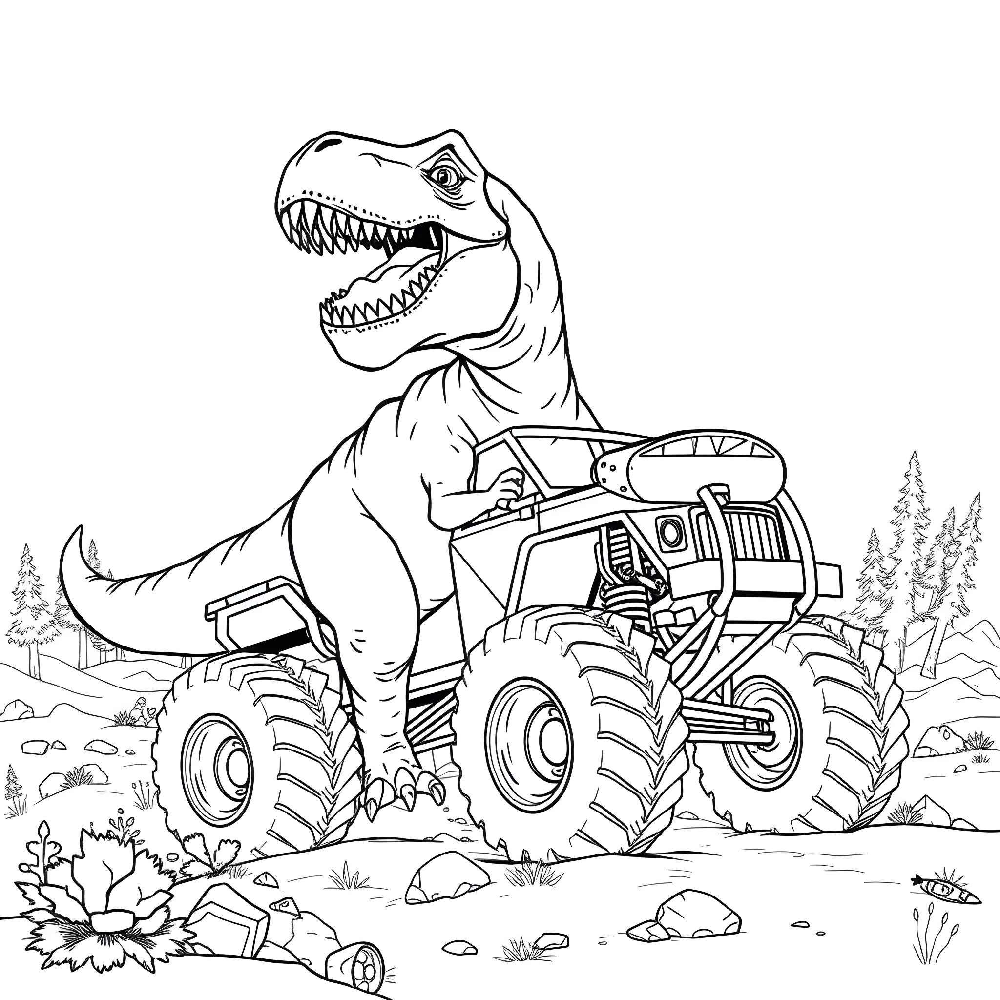 T-Rex riding a Monster Truck in the wild Coloring Page (free black-and-white line drawing printable PDF for all, from beginners to advanced learners, including children, teens, adults, and seniors)