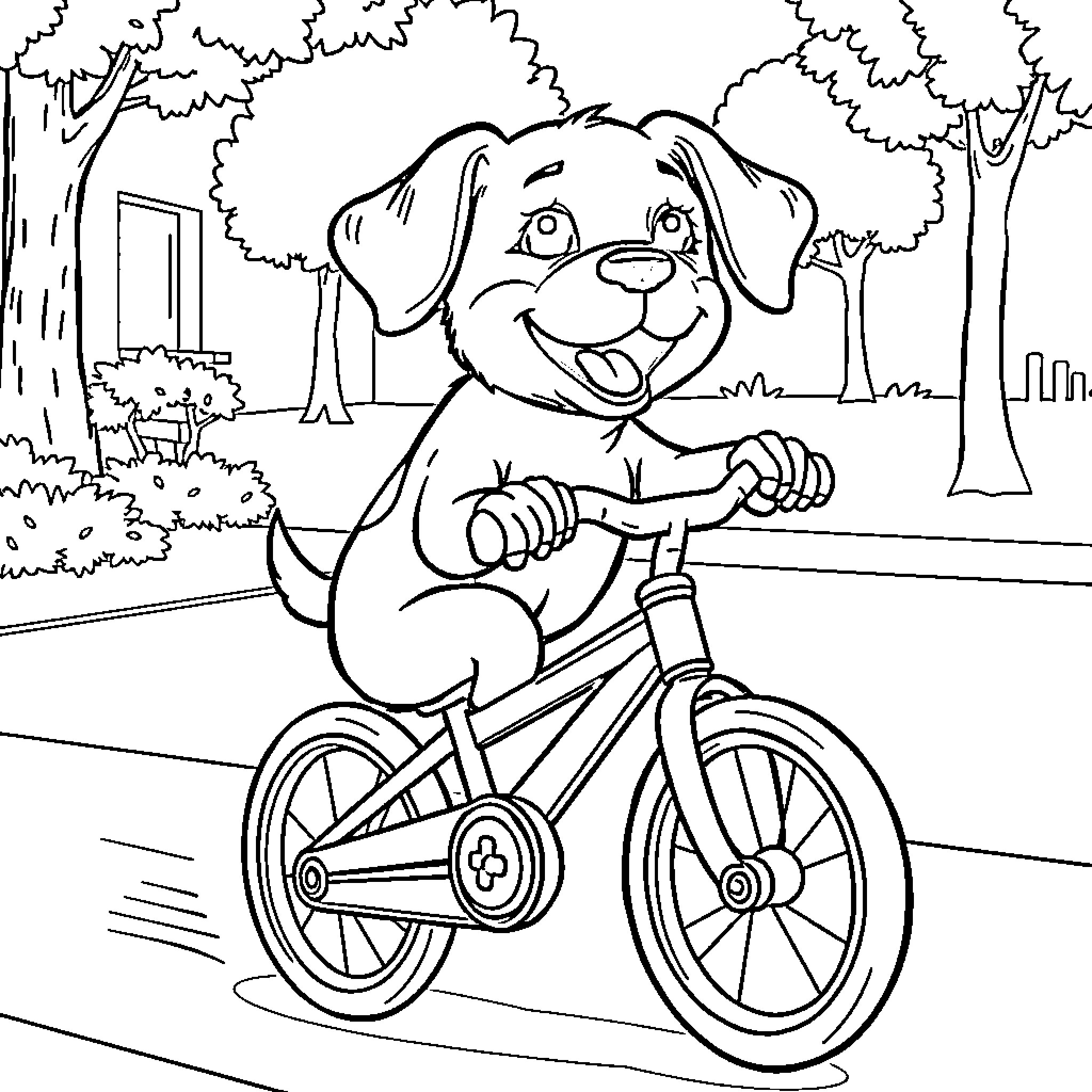 Dog riding a bicycle in a park Coloring Page (free black-and-white line drawing printable PDF for all, from beginners to advanced learners, including children, teens, adults, and seniors)