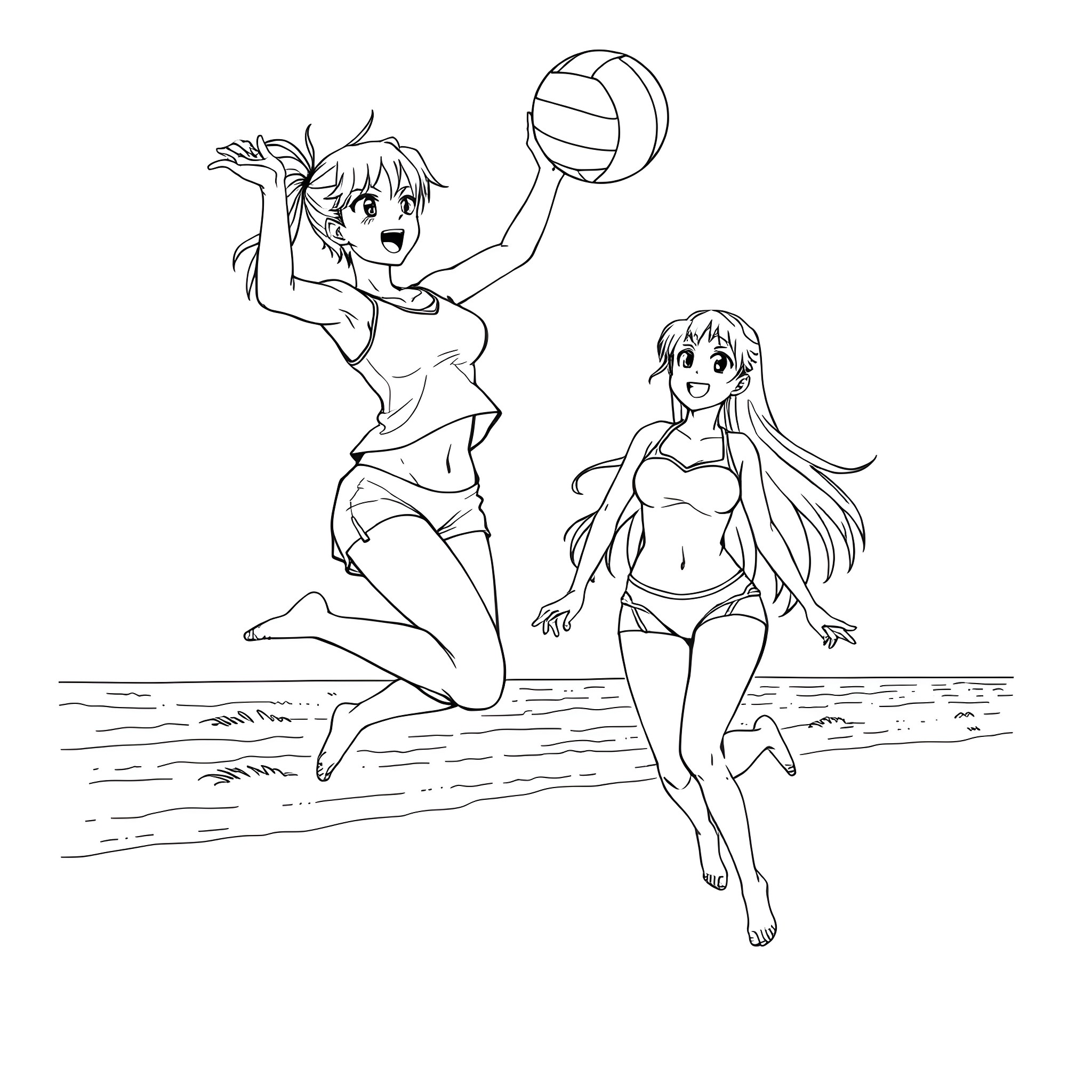 Sakura girls playing volleyball at the beach Coloring Page (free black-and-white line drawing printable PDF for all, from beginners to advanced learners, including children, teens, adults, and seniors)