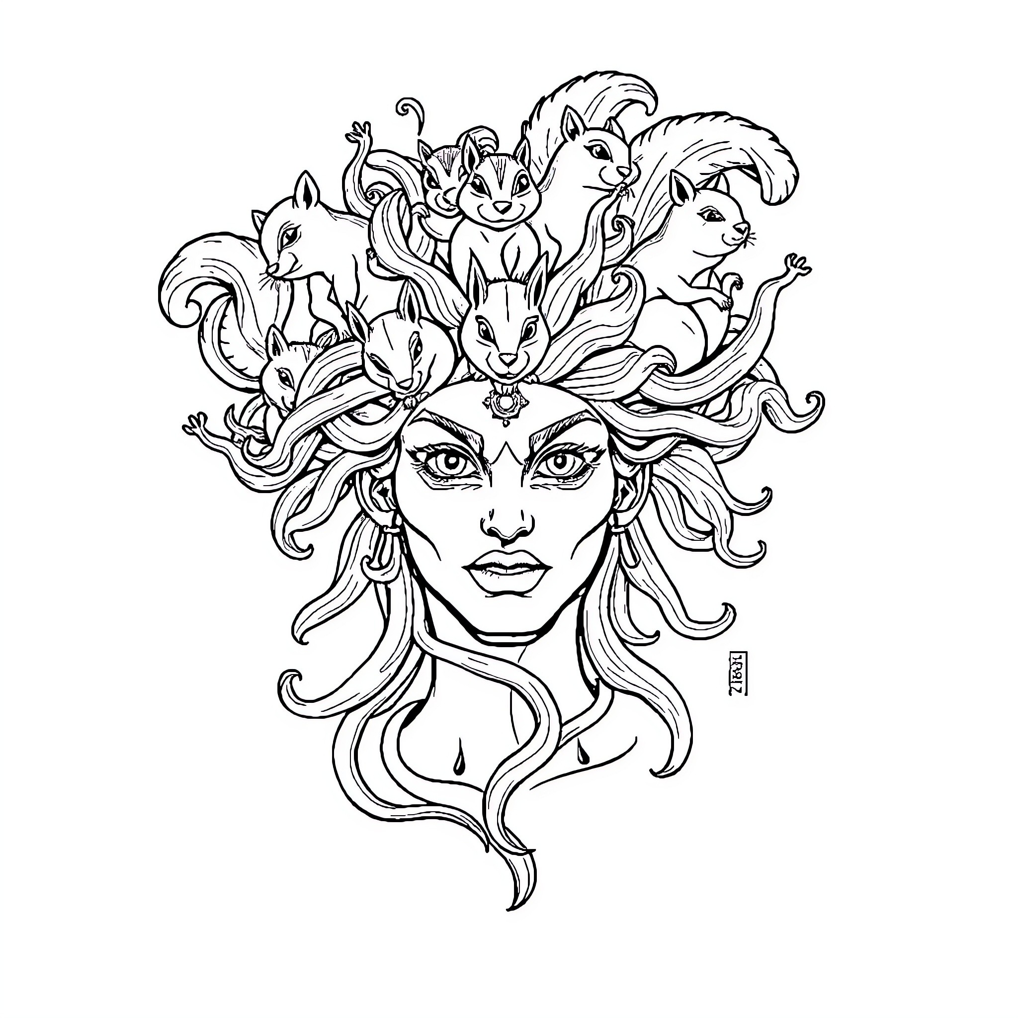 Medusa surrounded by mythical creatures Coloring Page (free black-and-white line drawing printable PDF for all, from beginners to advanced learners, including children, teens, adults, and seniors)